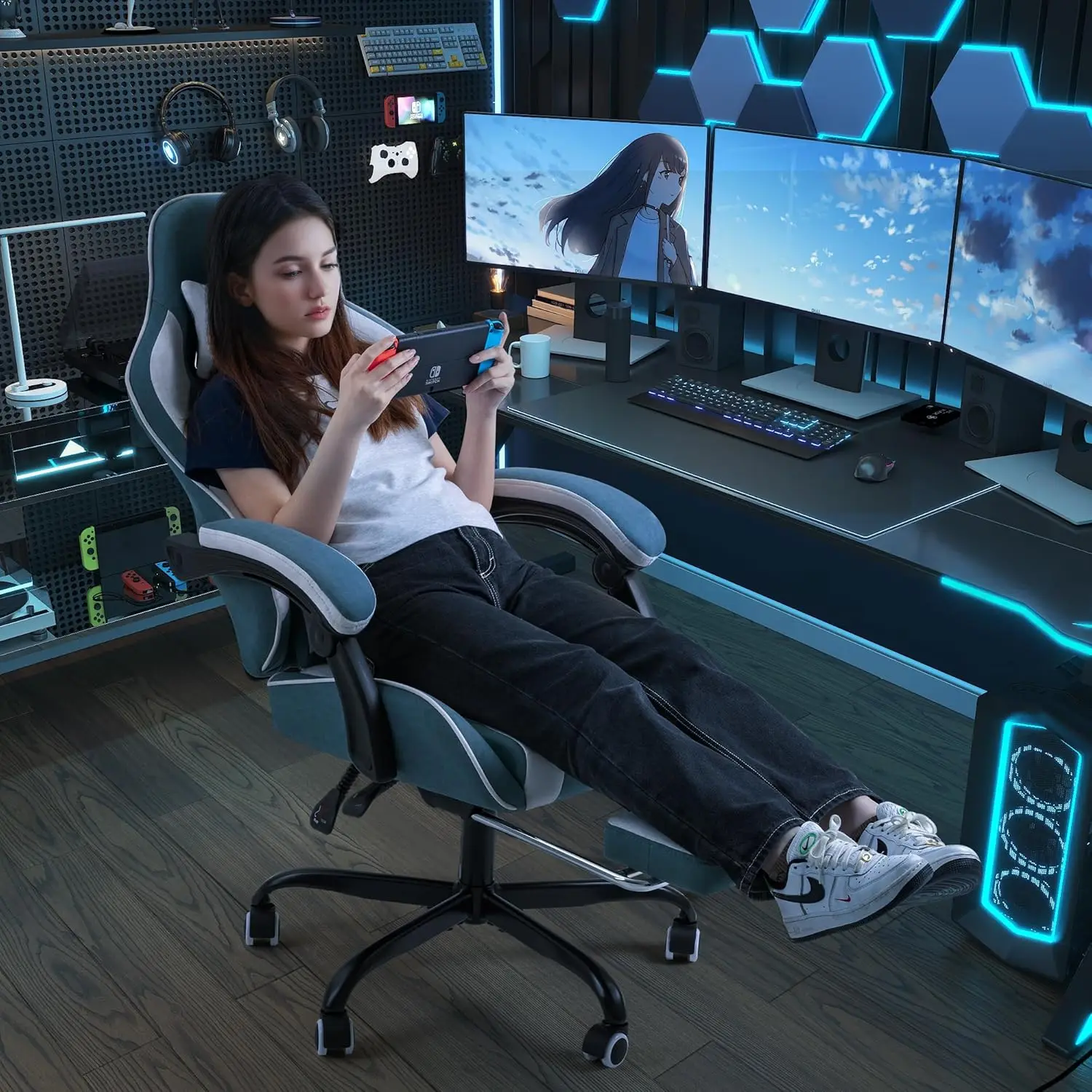 Fabric Gaming Chair | Adjustable Seat with Massage Lumbar Support | Green Video Game Chair - Thumbnail 2