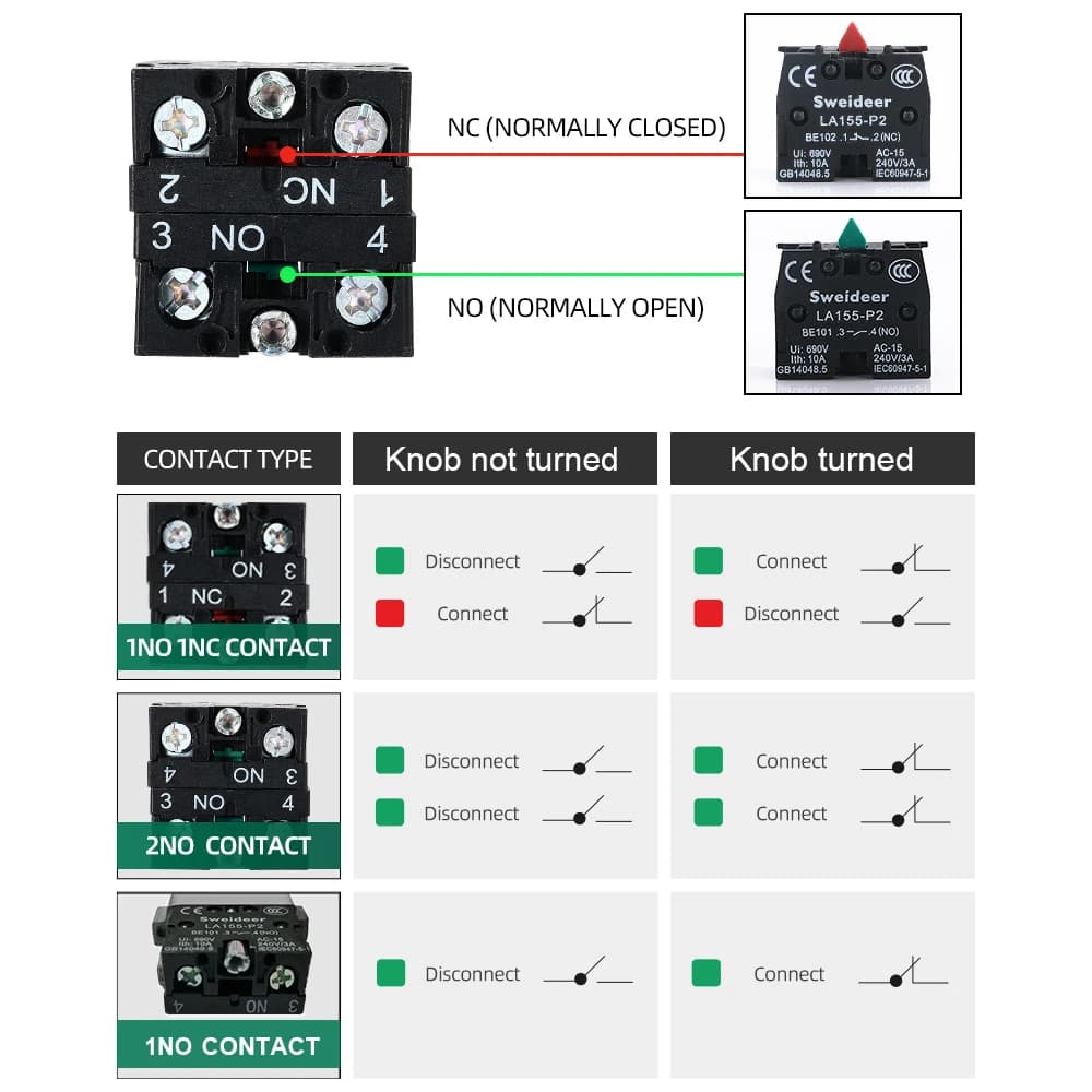 22mm Key Switch | Self-Locking & Reset Selector Knob | 1NO/2NO/1NO1NC Configurations - Thumbnail 6