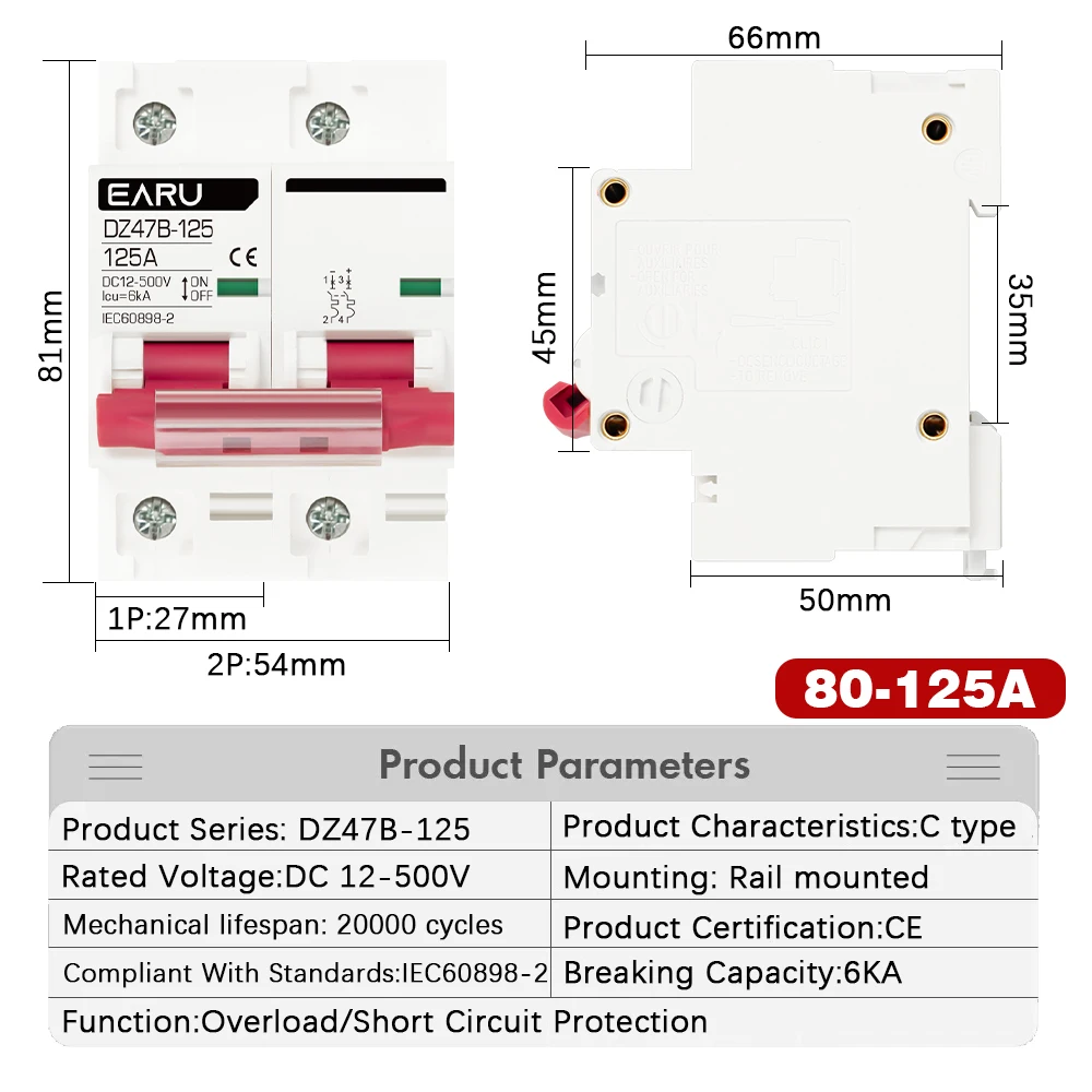 1P 2P DC MCB 12V 24V 48V Circuit Breaker Battery Car Protector DZ47 DC Positive Negative Pole Rotection  Protect Switch Isolator - Thumbnail 3