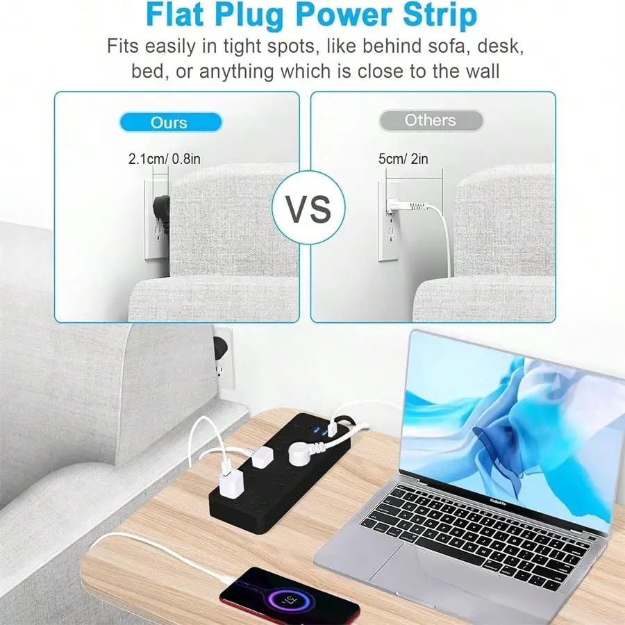 14-Outlet Surge Protector Power Strip | 4 USB Ports | 1625W Flat Plug Extension Cord - Thumbnail 4