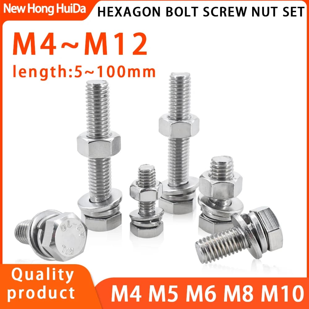 Hex Bolt & Nut Set | 304 Stainless Steel | M4-M12 Full Extension Screws - Thumbnail 2