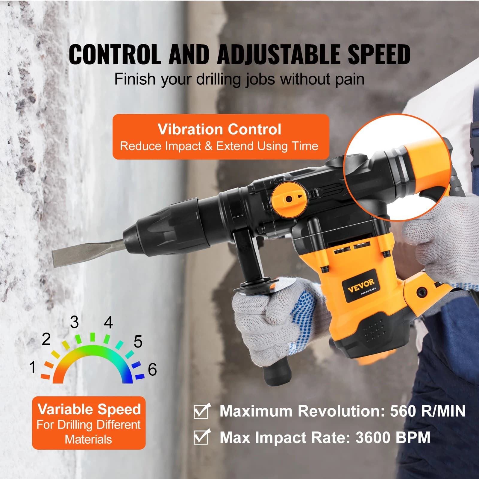 Rotary Hammer Drill | 1600W Heavy-Duty Demolition Tool | 42mm Concrete & Metal Drilling - Thumbnail 5