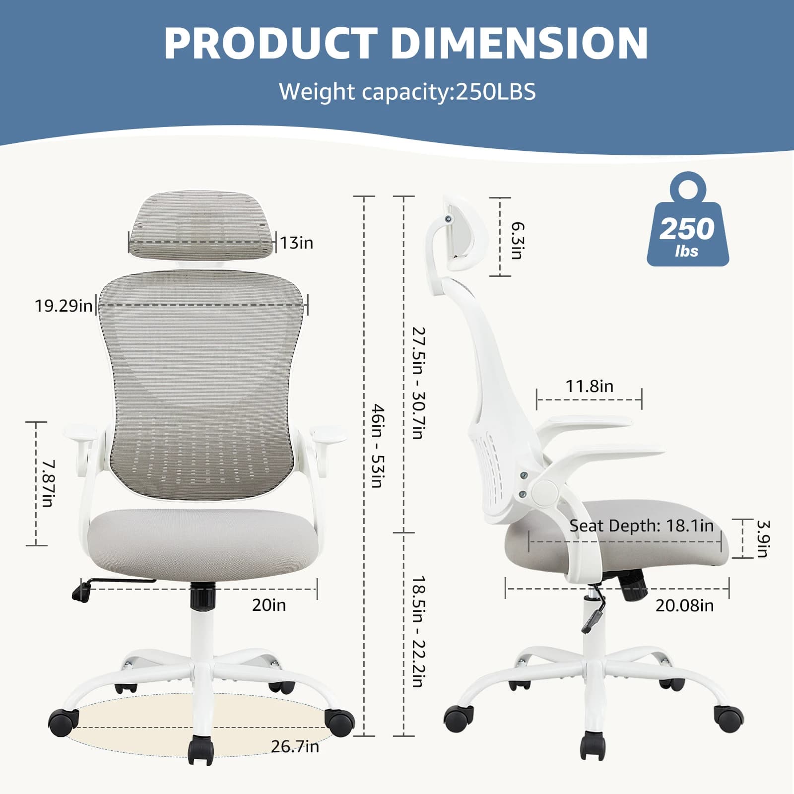 Mesh Office Chair | Flip-up Arms & Adjustable Headrest | Home Computer Desk Chair - Thumbnail 4