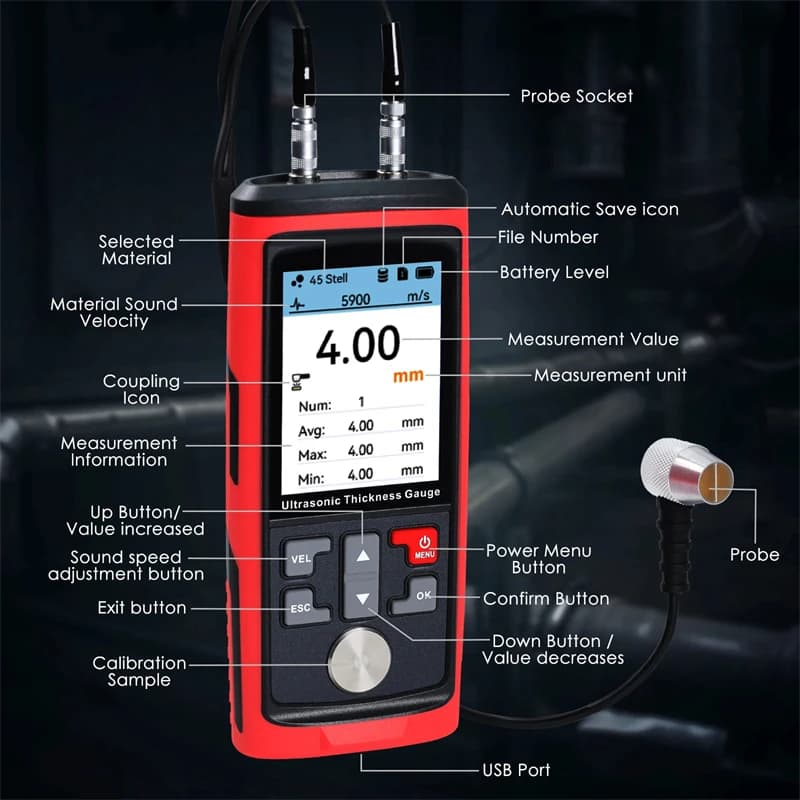 1500 Data Ultrasonic Thickness Gauge 1.0-300mm ±0.5% Accuracy with PC Software for Pipe Tank Weld Measurement - Thumbnail 4