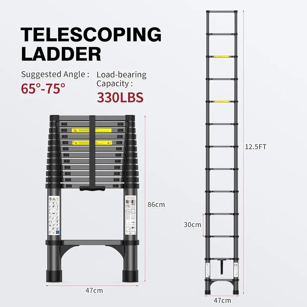 Telescoping Ladder | 330lb Heavy-Duty Aluminum | Anti-Slip Steps for Secure Roof & Attic Access - Thumbnail 6