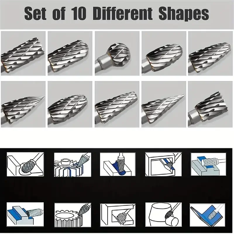 10pc Carbide Burr Set | Double Cut Rotary File | Tungsten Steel Milling Cutter Heads - Thumbnail 2
