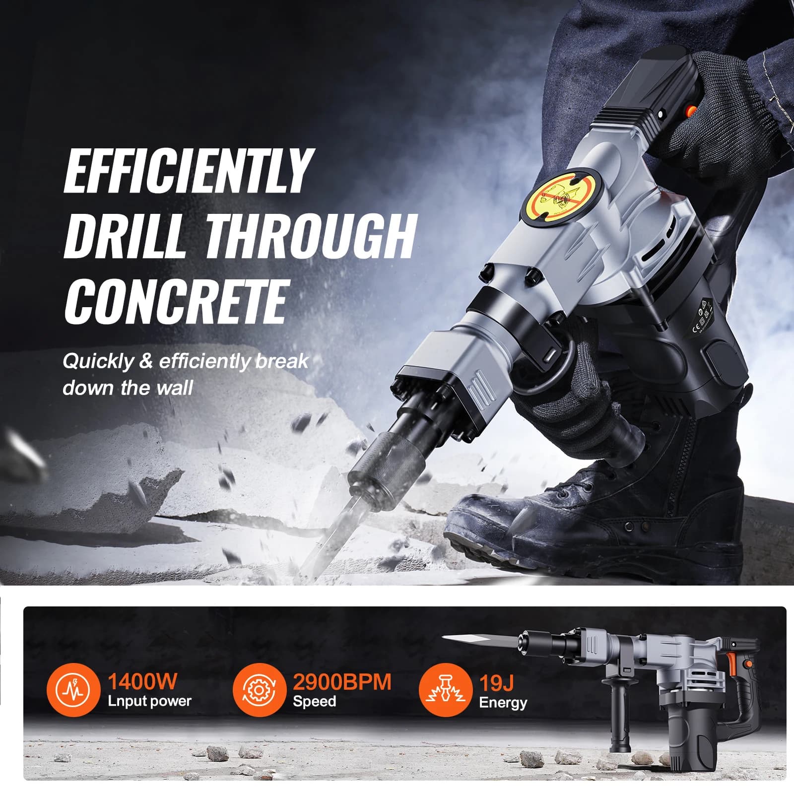 SucceBuy Electric Heavy Demolition Jack Hammer 1400W 2pcs Chisels Bits Chipping with Case 2900 BPM Concrete Breaker Gloves Black - Thumbnail 2