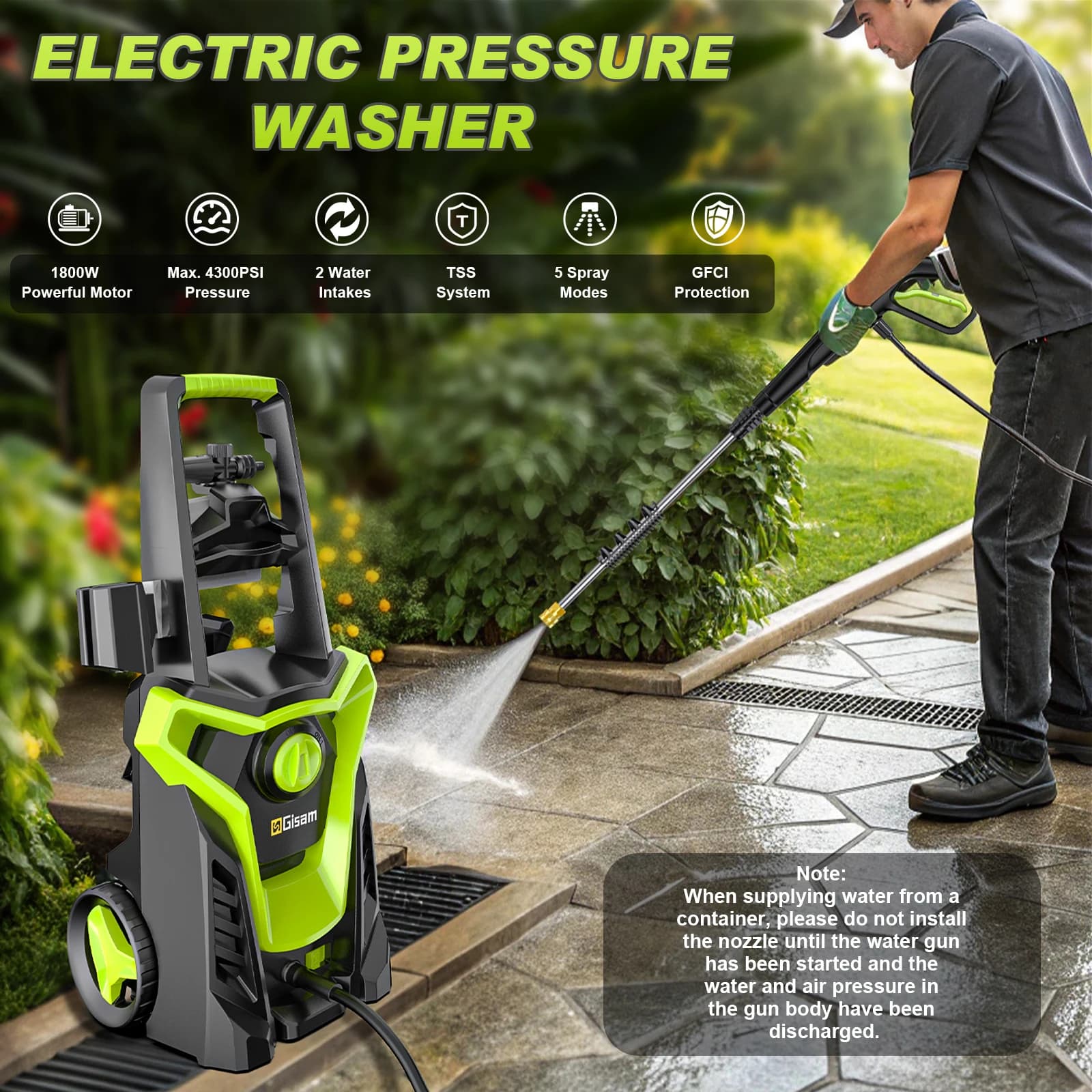 Pressure Car Washer Gun | 4800PSI 1800W Electric | 180° Adjustable Nozzle for Garden & Auto Cleaning - Thumbnail 4
