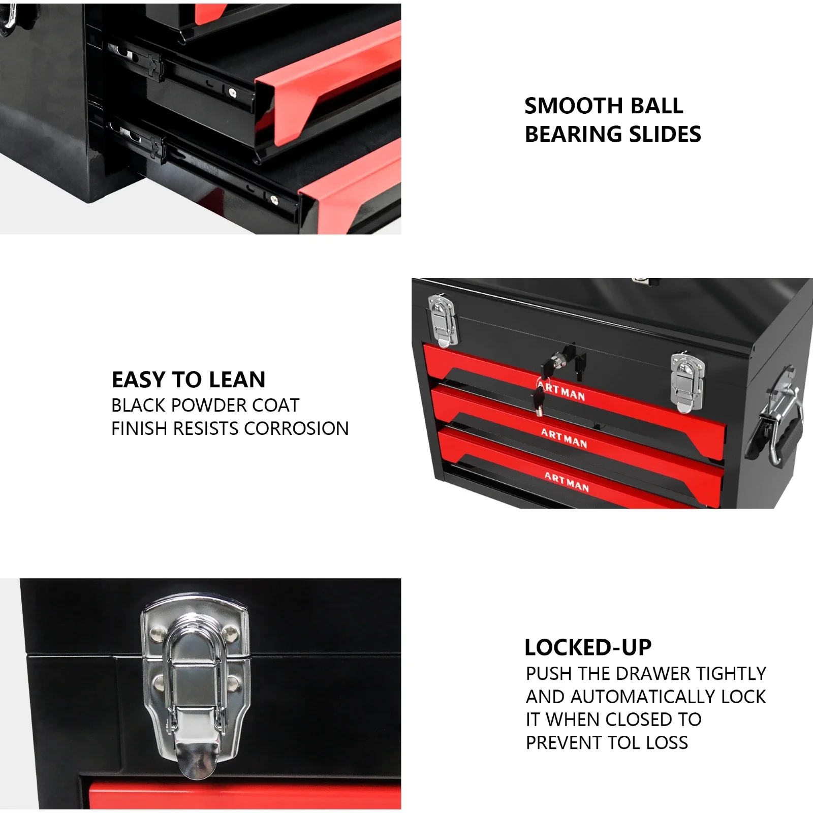 3-Drawer Metal Tool Chest | EVC Liner & Lock Included | Garage Storage & Workshop Organizer - Thumbnail 4