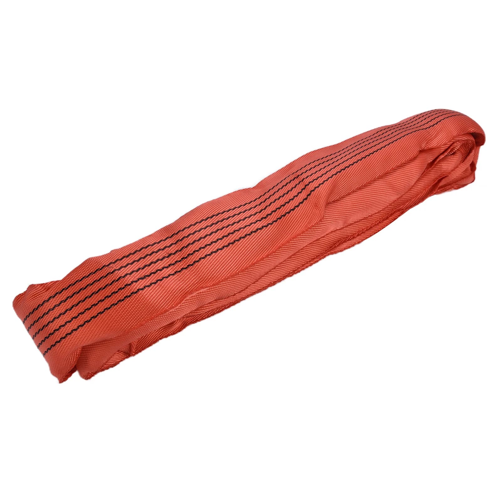 Heavy-duty 5-ton crane lifting strap with large tension loop for mechanical hoisting and port transportation rigging.