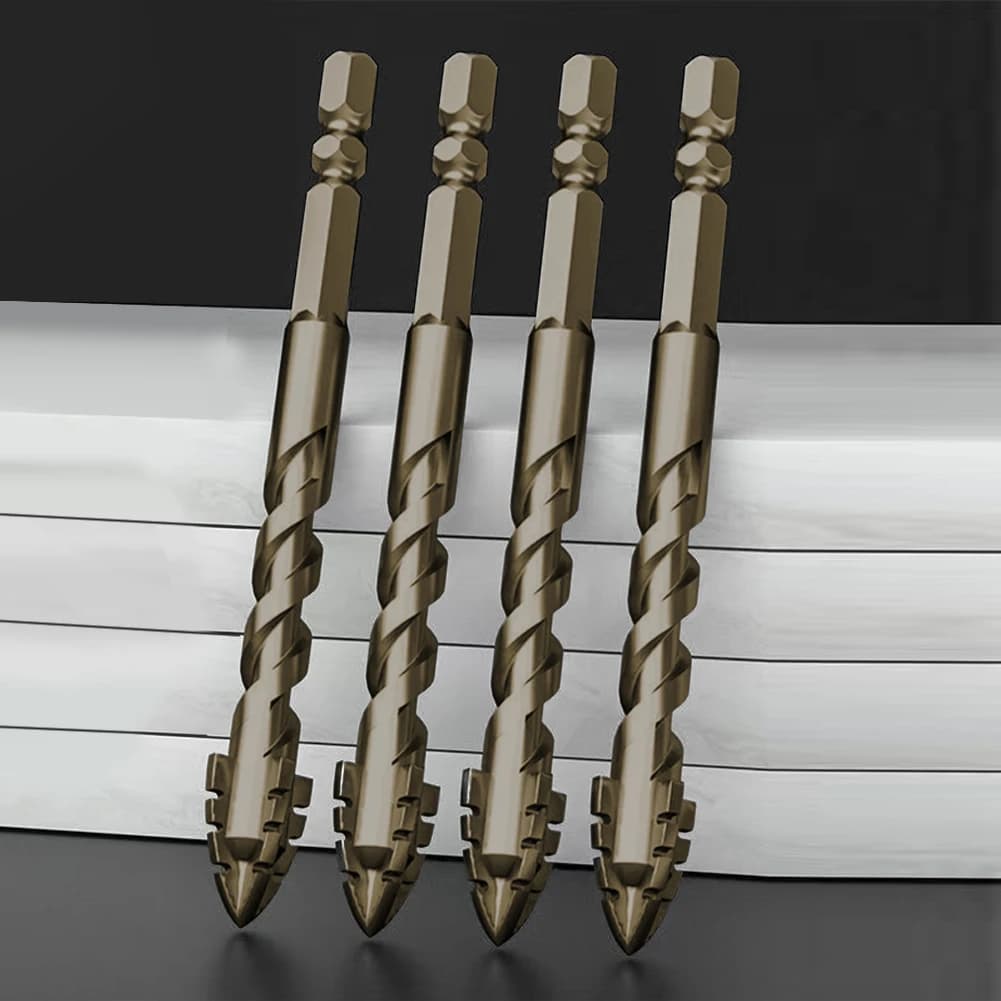 7-piece set of four-edged serrated eccentric drill bits for glass, wood, and metal, sizes 3 to 12 mm, on a dark background.