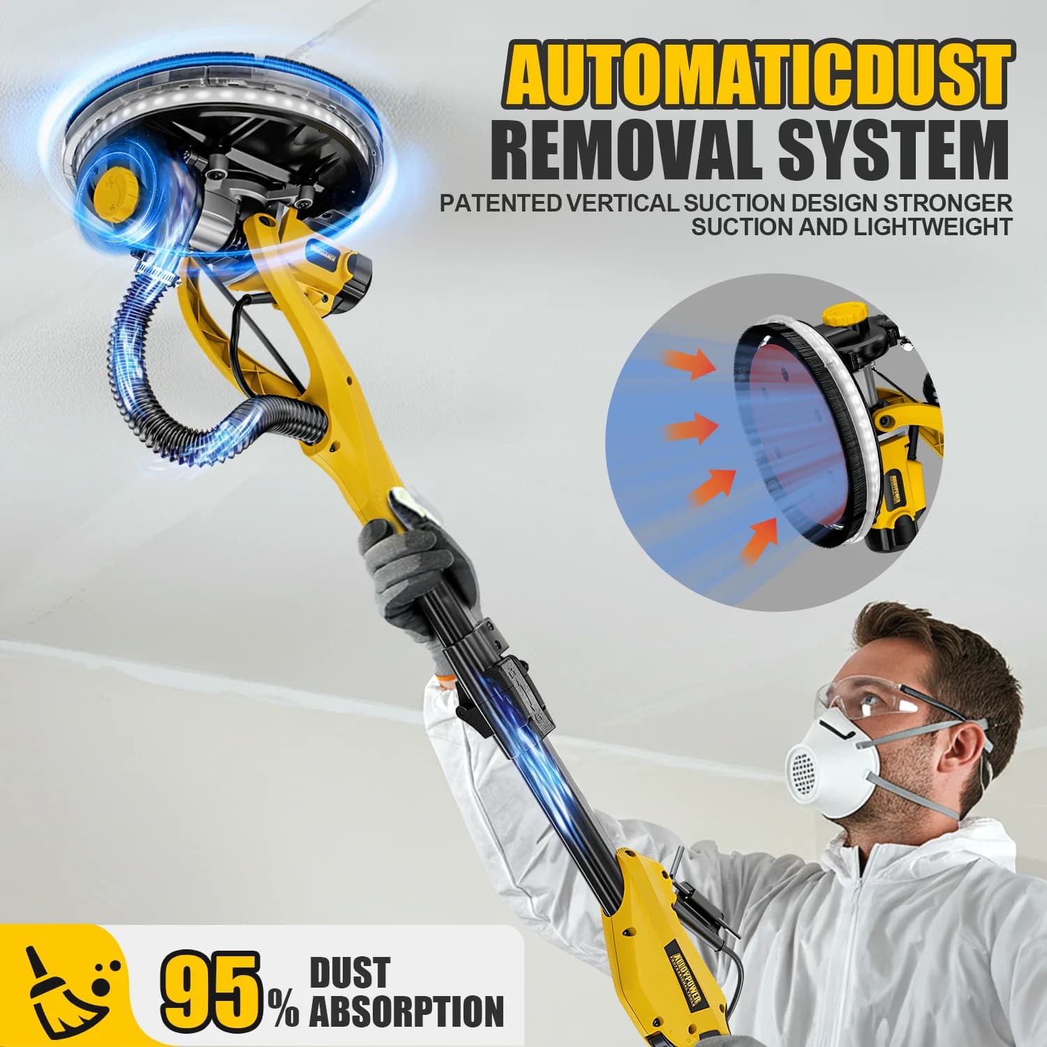 1050W High-Performance Drywall Sander | 7-Speed & Vacuum Dust Collection | Foldable Handle - Thumbnail 3