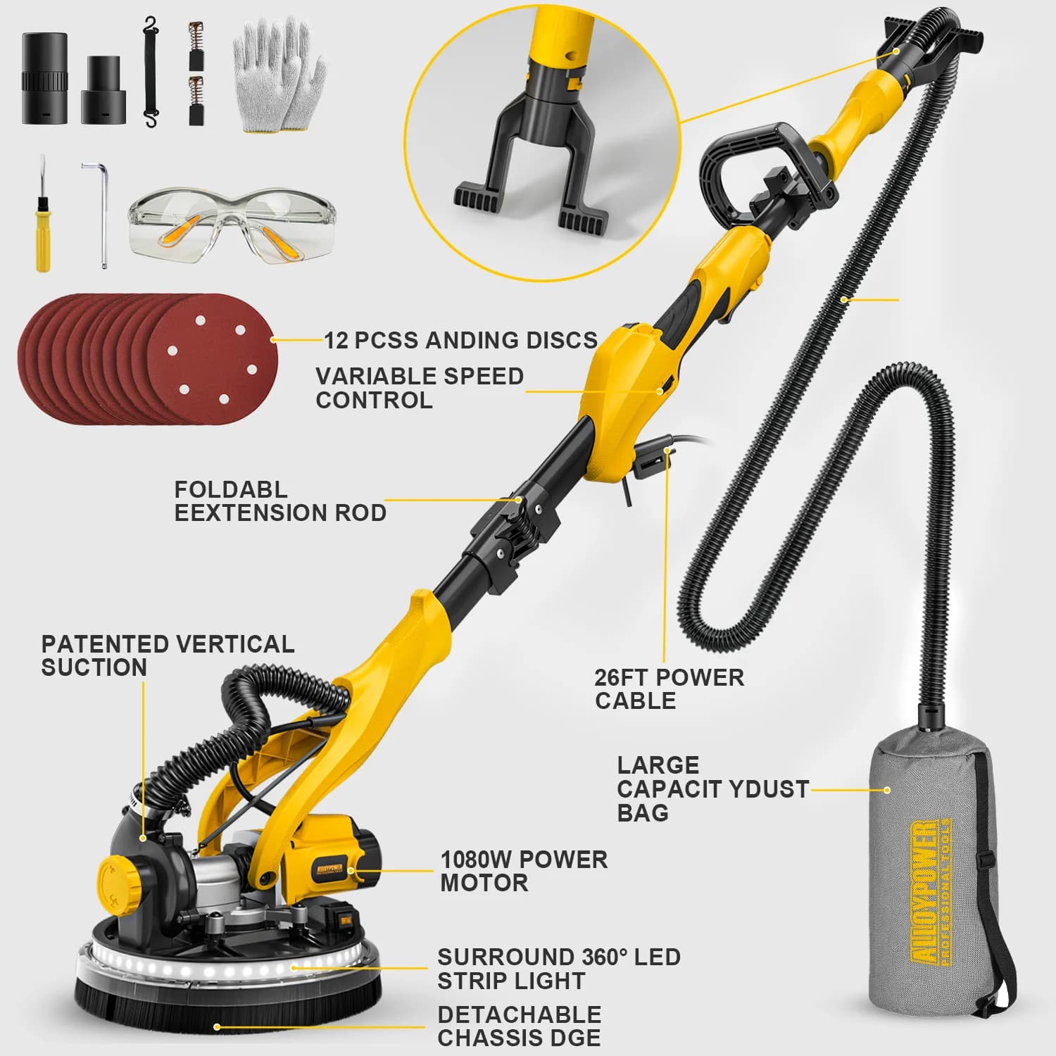 1050W High-Performance Drywall Sander | 7-Speed & Vacuum Dust Collection | Foldable Handle - Thumbnail 6