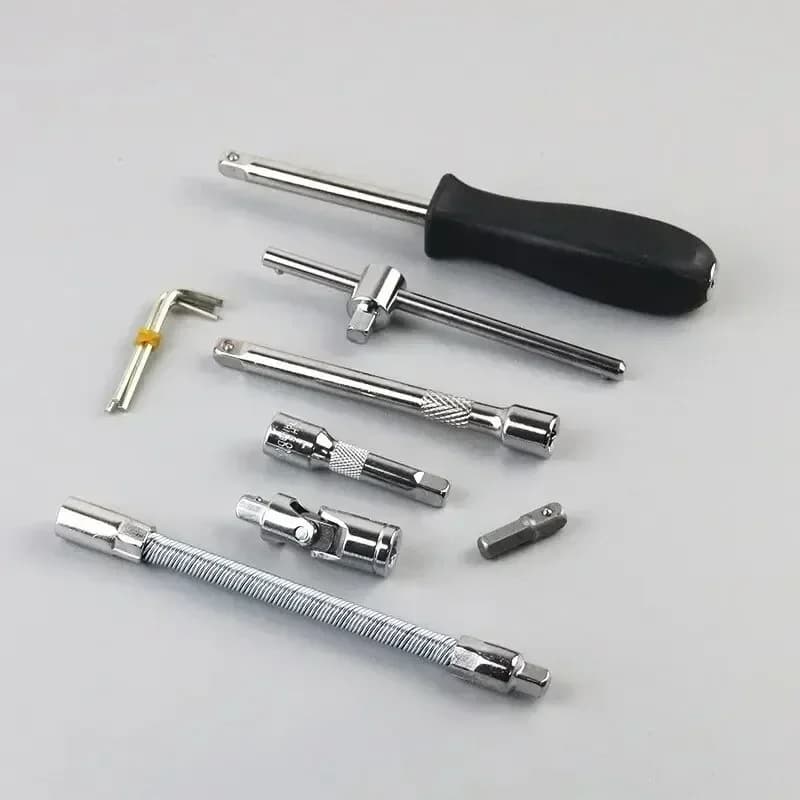 46-piece professional socket set with ratchet wrench, pawl spanner, and screwdrivers for car repair and metalworking projects.