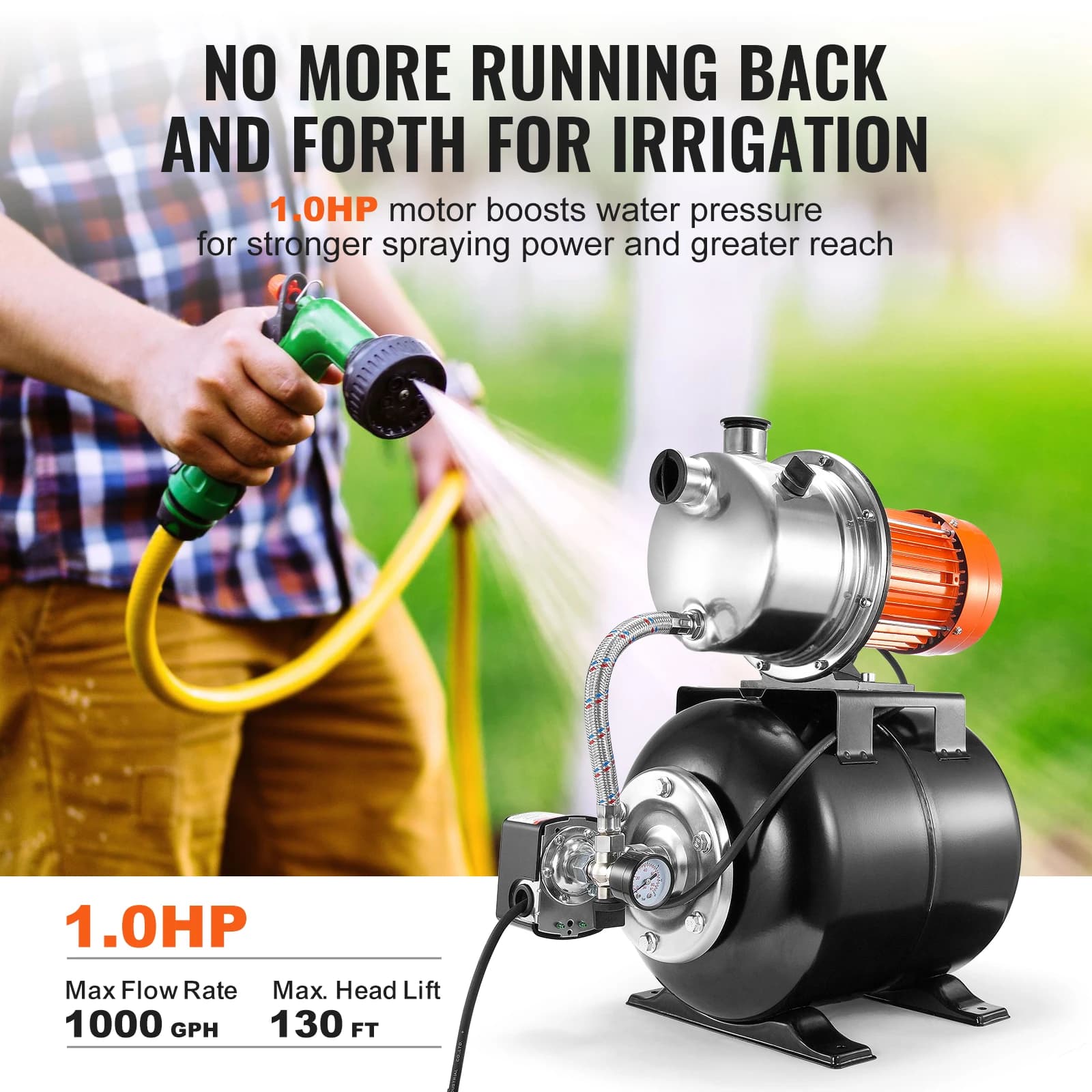 Shallow Well Pump | 5-Gal Pressure Tank 1320GPH | Garden Lawn Irrigation Booster System - Thumbnail 3