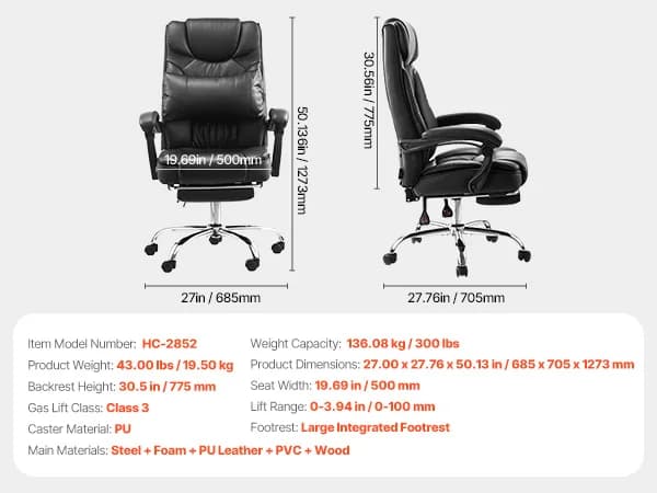 Office Chair | 400lb Weight Capacity | Adjustable Reclining Ergonomic PU Leather - Thumbnail 6