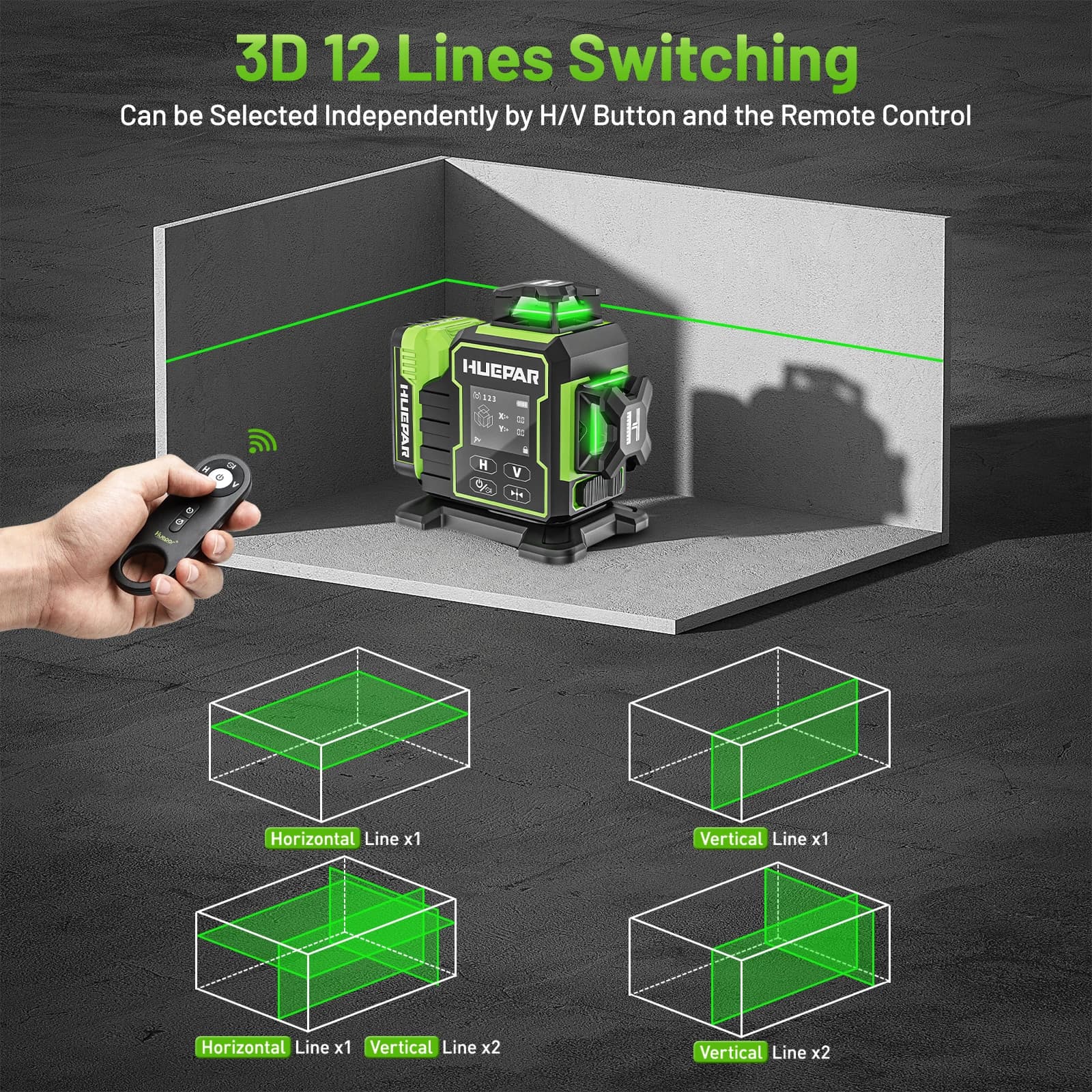 3D Laser Level | 12 Green Lines with Bluetooth | Electric Rotating Base & LCD Remote - Thumbnail 3