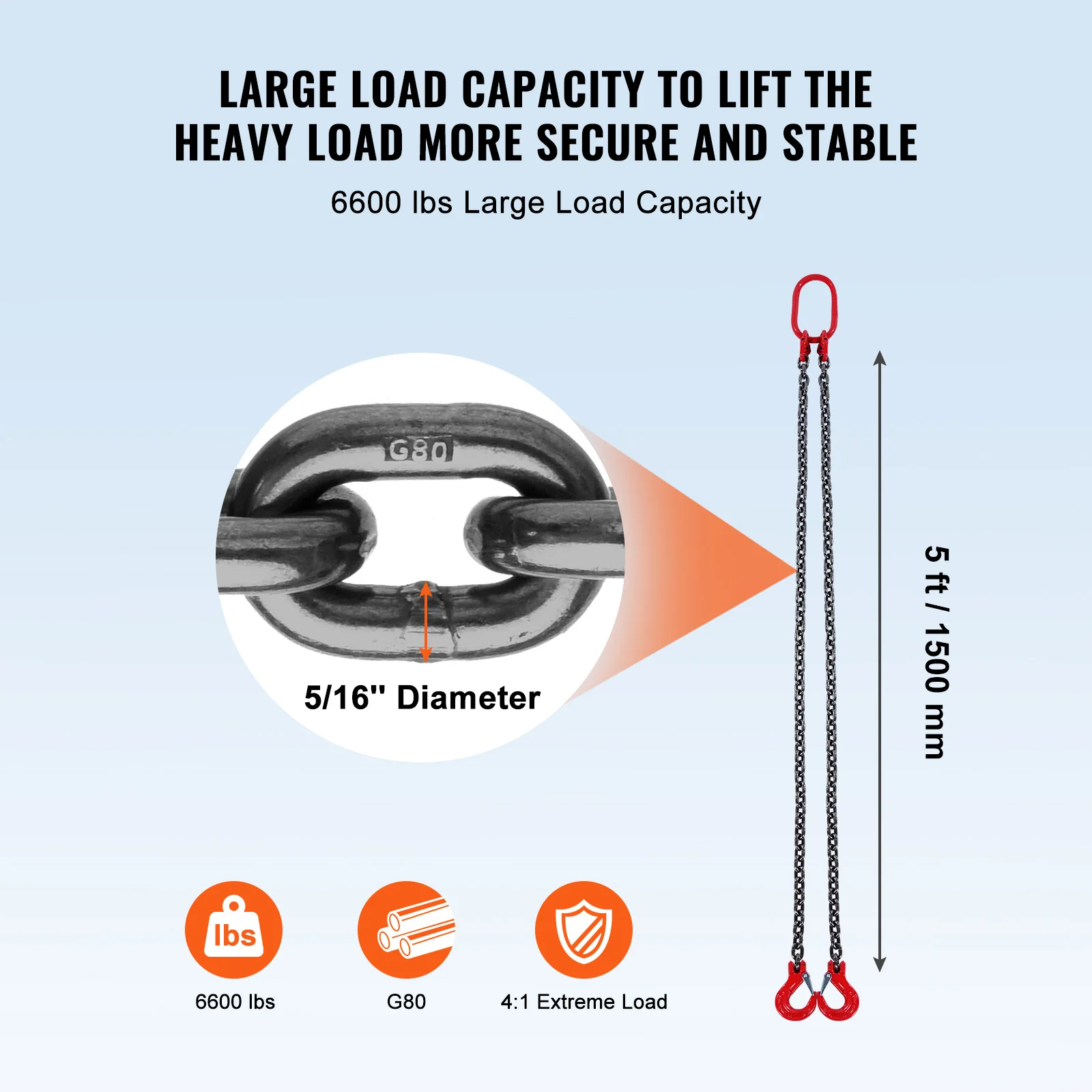 Professional-Grade 3-Ton Lifting Sling Chain | 5/16 G80 Alloy Steel | 5-Foot 2-Leg with Grab Hooks - Thumbnail 3