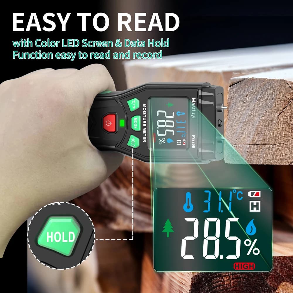 Moisture Meter for Wood & Building Materials | 0-60% Range with LED Alert | Pinless Detector for Drywall, Concrete, Lumber - Thumbnail 6