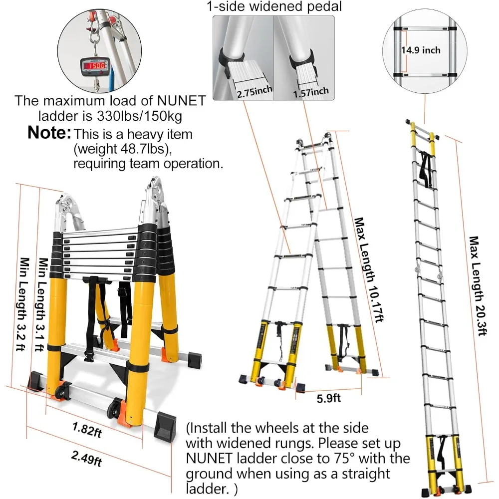 Telescoping Extension Ladder | Type-A Collapsible with Double Balance Bars & Wheels - Thumbnail 2