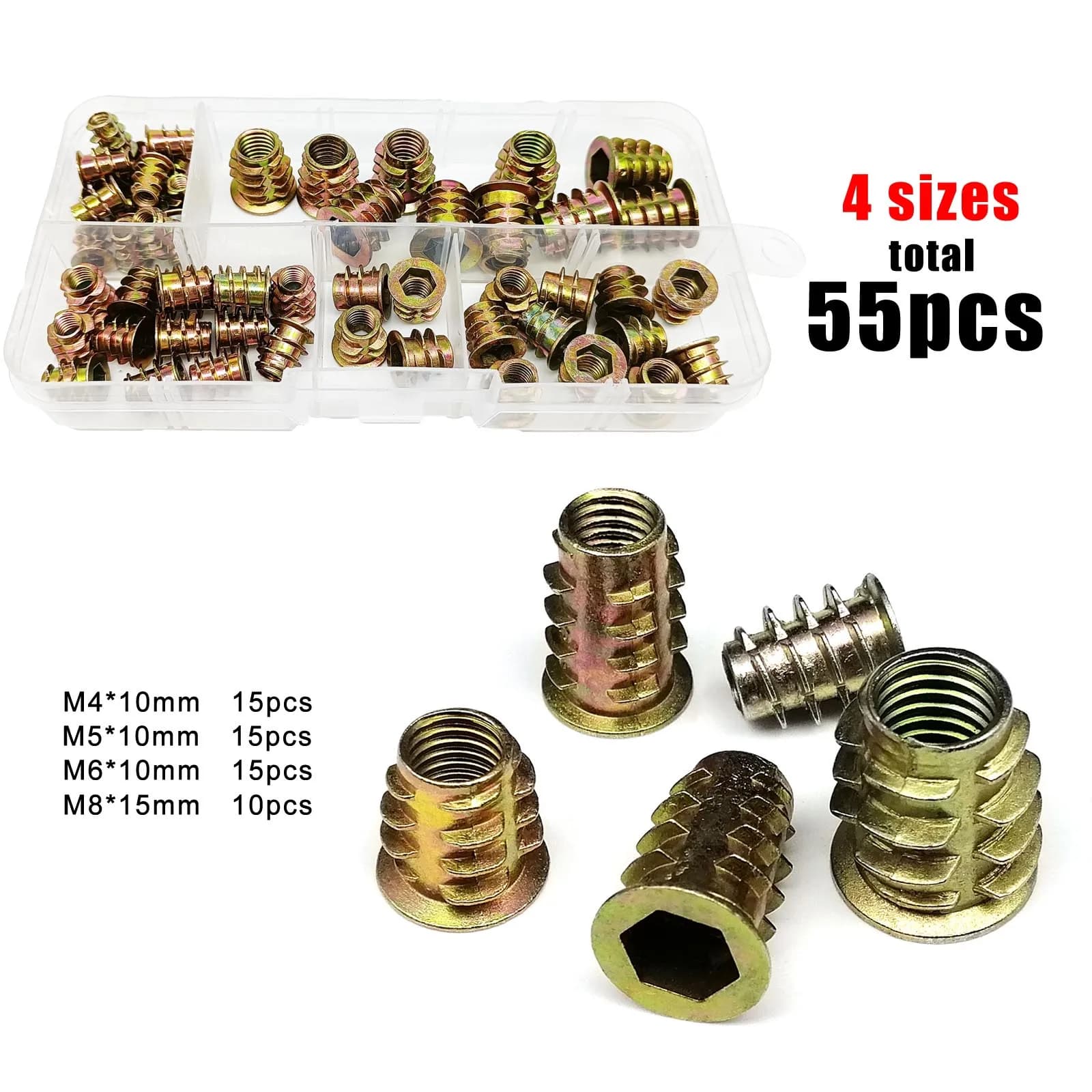 Furniture Insert Nut Set | 55pcs M4-M8 Hex Socket Head E-Nuts | Bed & Cabinet Thread Embedded Kit - Thumbnail 2