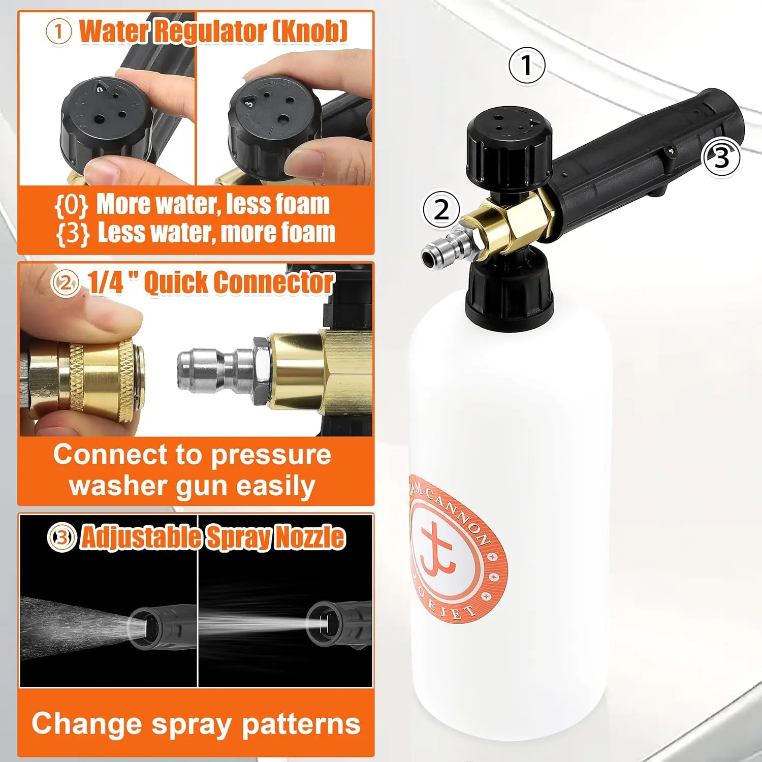 Pressure Washer Gun | 1L Foam Cannon & 5 Nozzles | 1/4 Quick Connect System - Thumbnail 3
