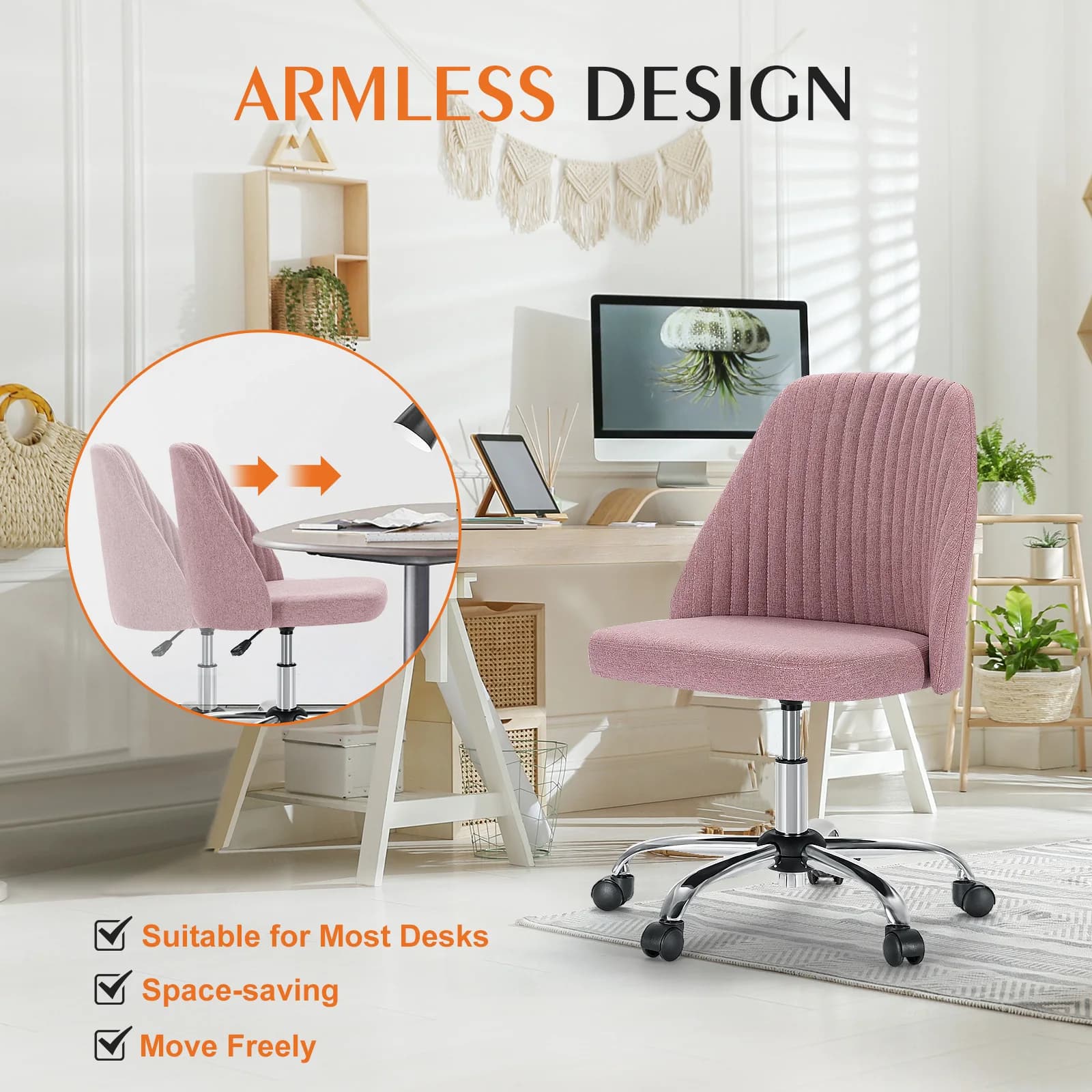 Armless Desk Chair | Modern Fabric Swivel | Cute Vanity & Home Gaming Task Chair - Thumbnail 5