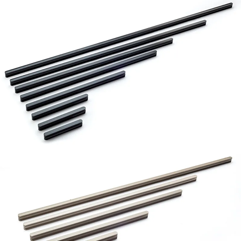 Modern American-style cabinet kitchen door knobs with long handles in champagne black aluminum alloy, designed for wardrobes and furniture pulls.