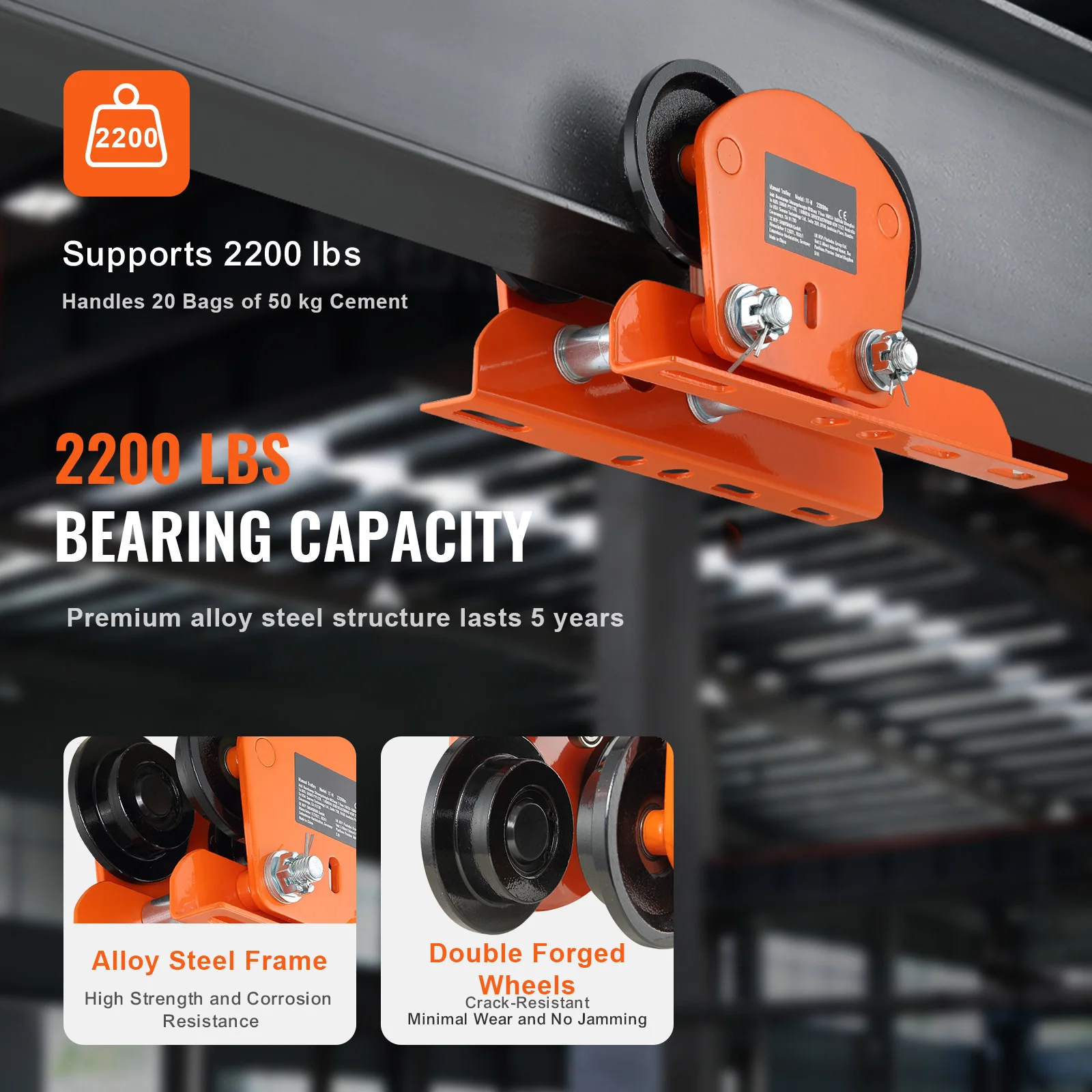 SucceBuy Electric Hoist Manual Trolley 2200 lbs/1T Capacity for PA200 PA250 PA300 PA400 PA500 Push Beam Trolley with Dual Wheels - Thumbnail 3