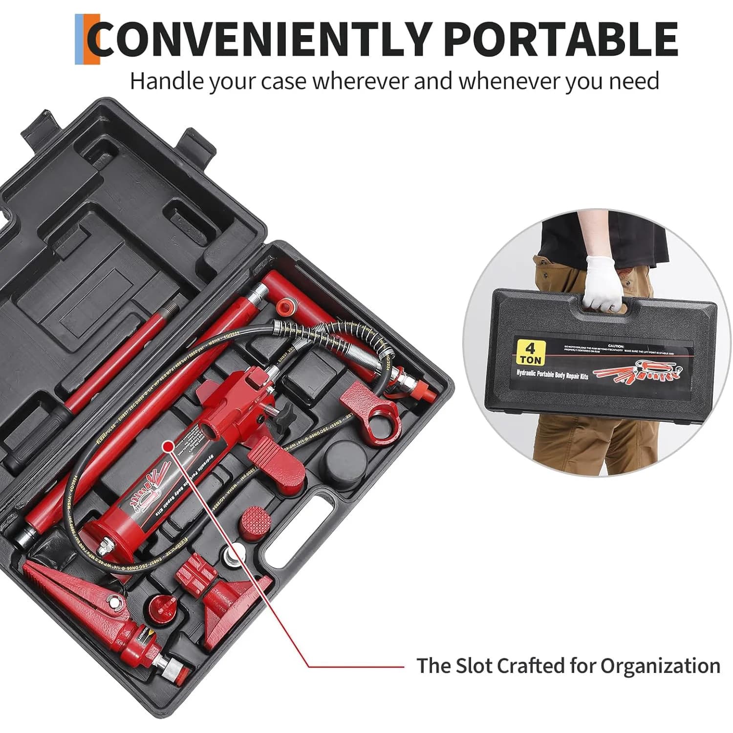 4-Ton Hydraulic Porta Power Kit | Heavy-Duty Ram & Pump with 4.6ft Hose | Portable Storage Case - Thumbnail 3