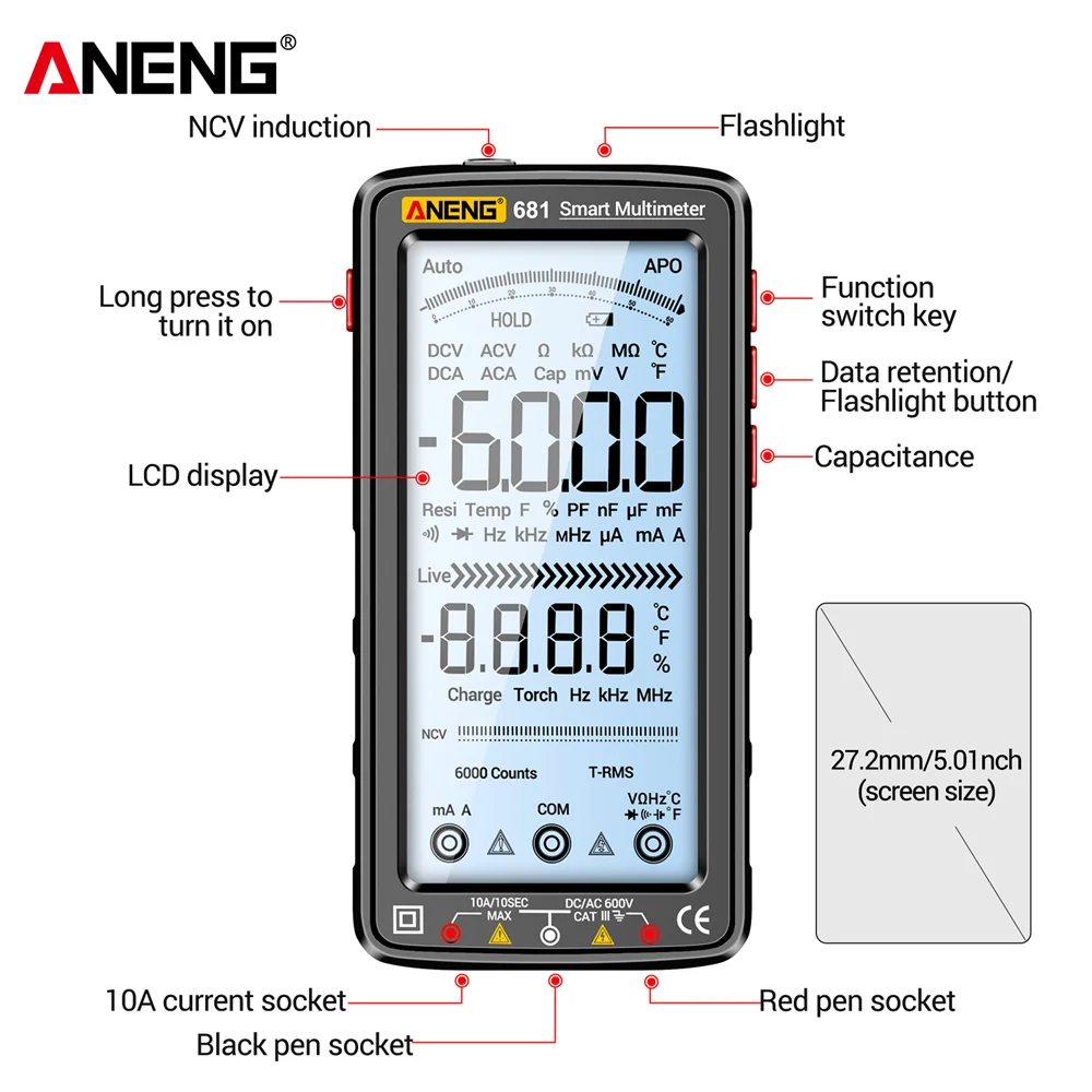 Digital Multimeter | AC/DC Voltage & Current Tester | Rechargeable & Non-Contact Detection - Thumbnail 4