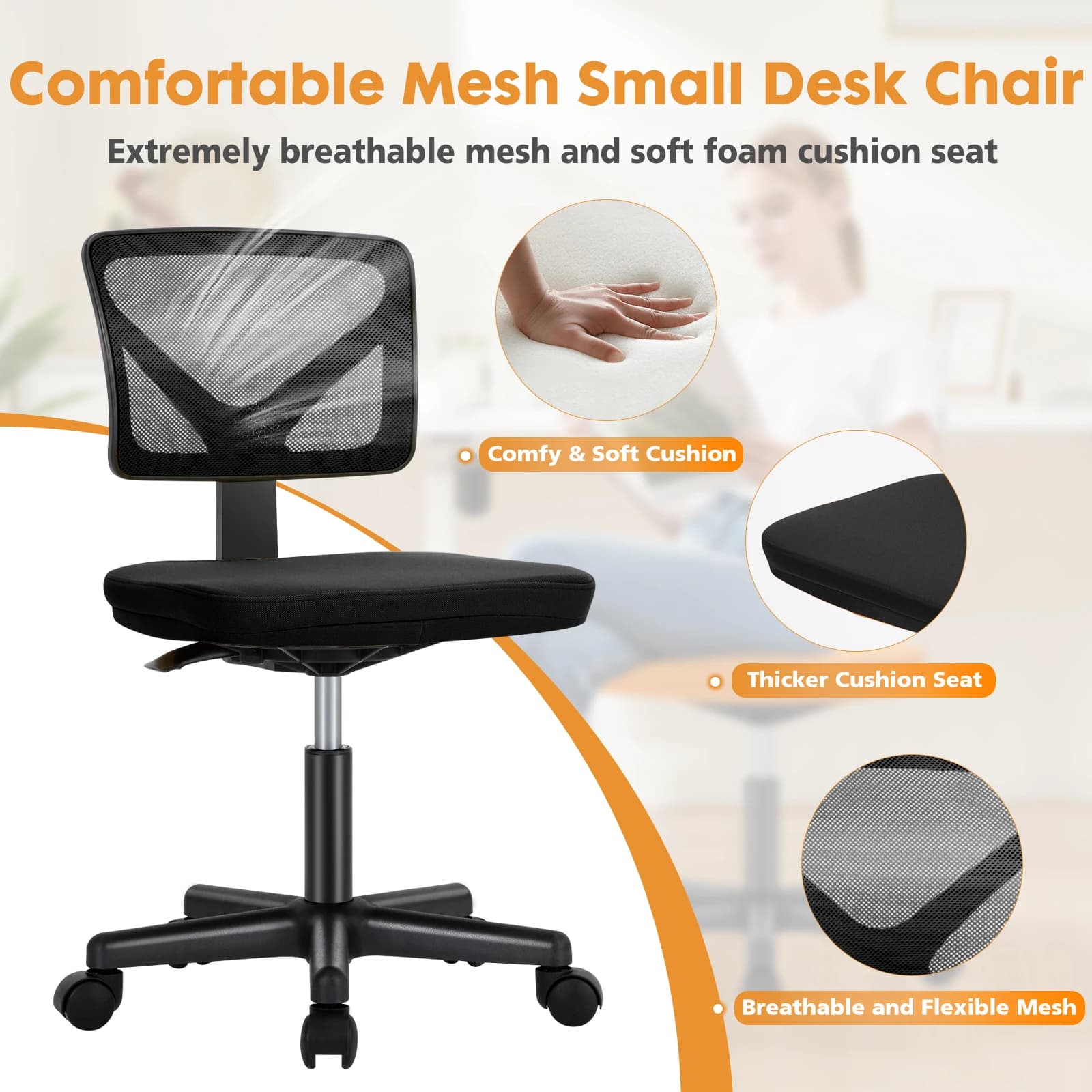 Armless Office Chair | Low Back with Lumbar Support | 360° Swivel Adjustable Computer Chair - Thumbnail 7