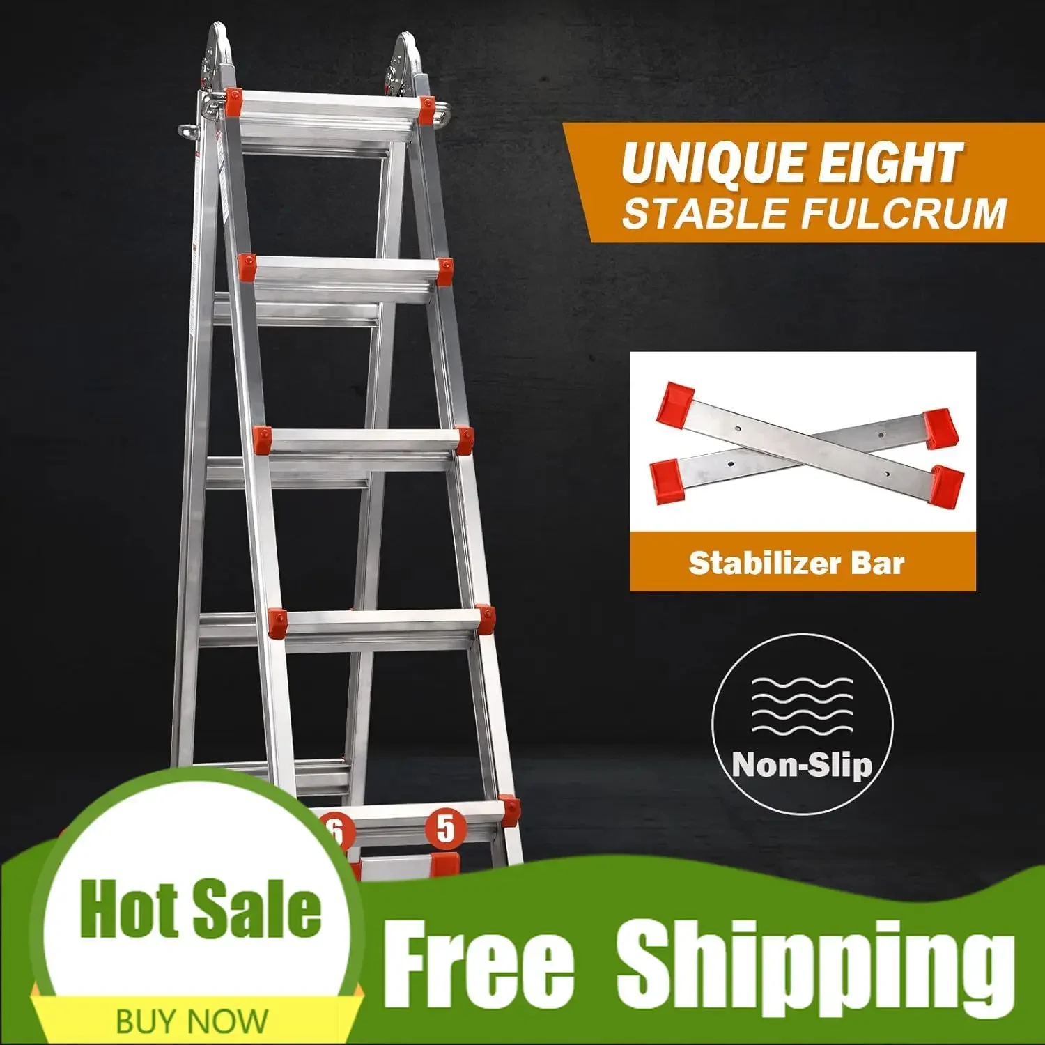 19 FT Premium A-Frame Extension Ladder | Multi-Position with Removable Tool Tray & Stabilizer - Thumbnail 2