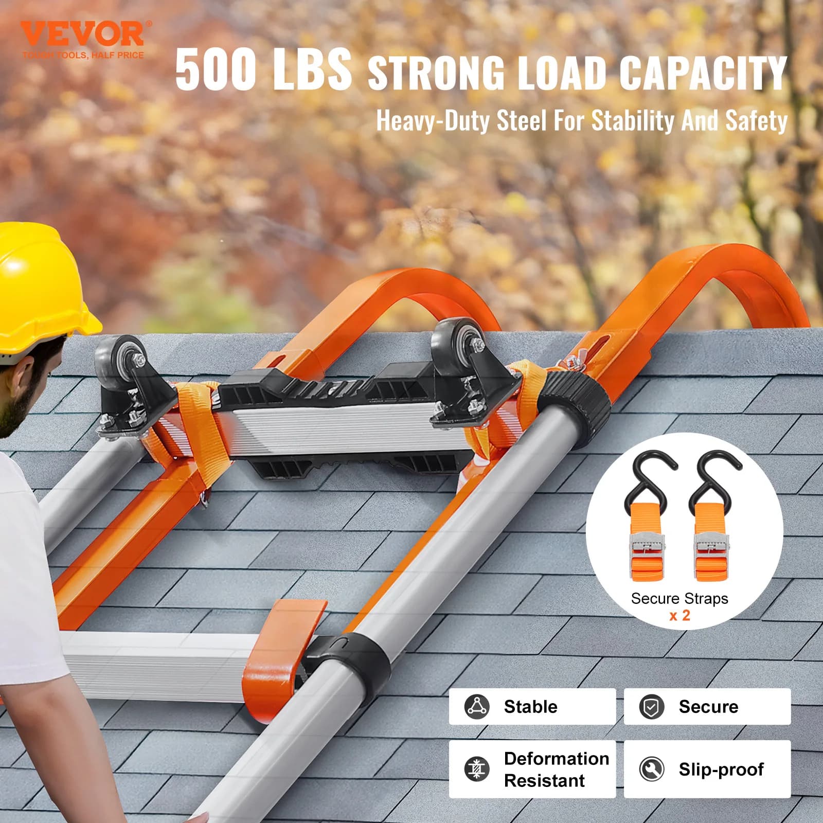 Heavy-Duty Roof Ladder Hook | 500 lbs Steel Stabilizer with Rubber Grip T-Bar | Ridge Extension - Thumbnail 2
