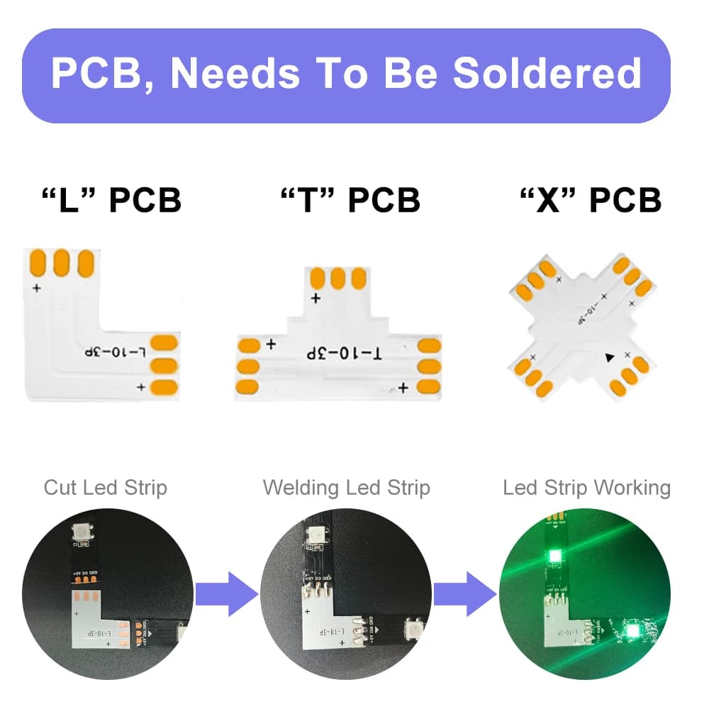 LED Strip Connector Kit | L, T, X & Corner Shapes for 10mm 5050 RGB Tape - Thumbnail 4