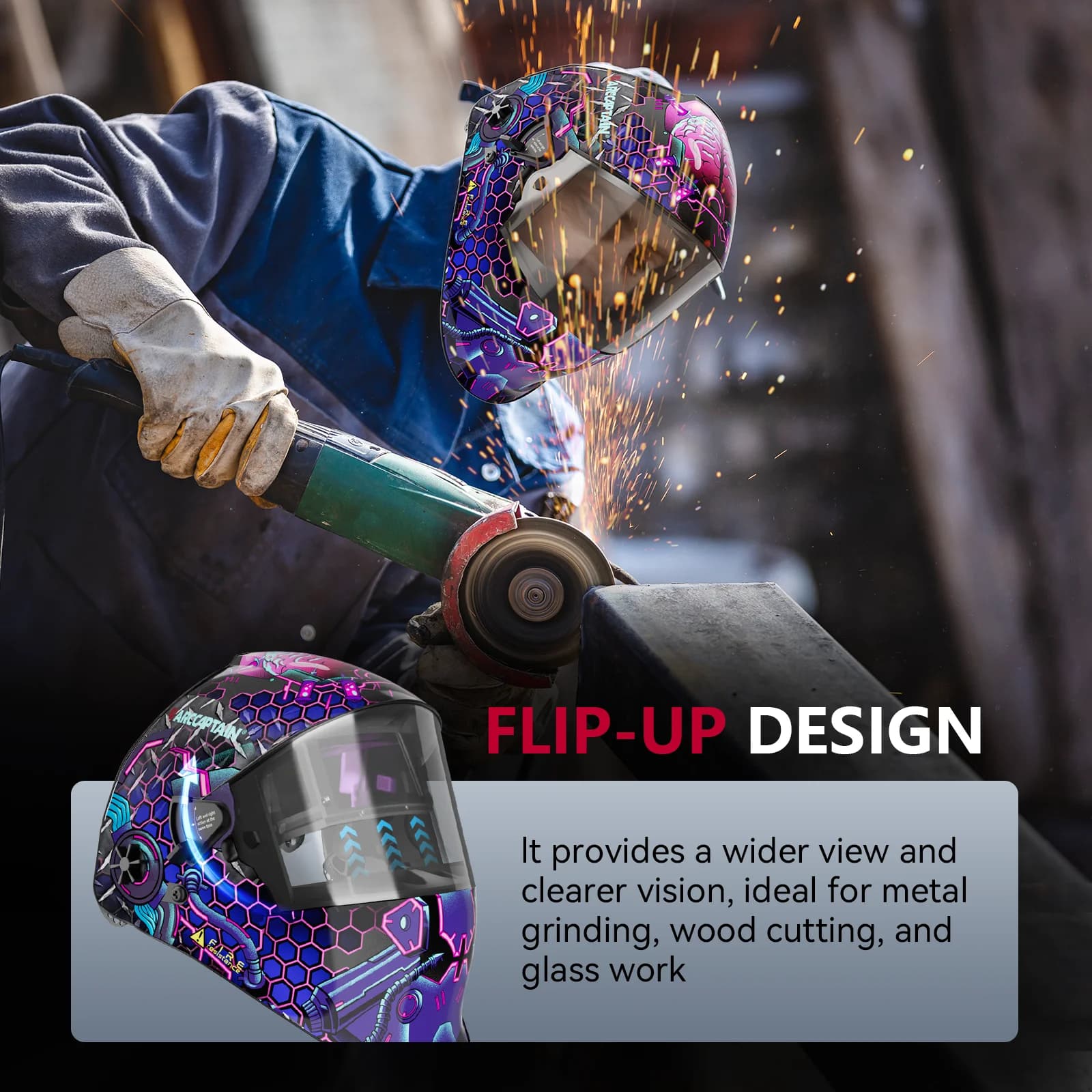 Auto-Darkening Welding Helmet | True-Color Large View Lens | Solar-Powered Flip-Up Design - Thumbnail 3