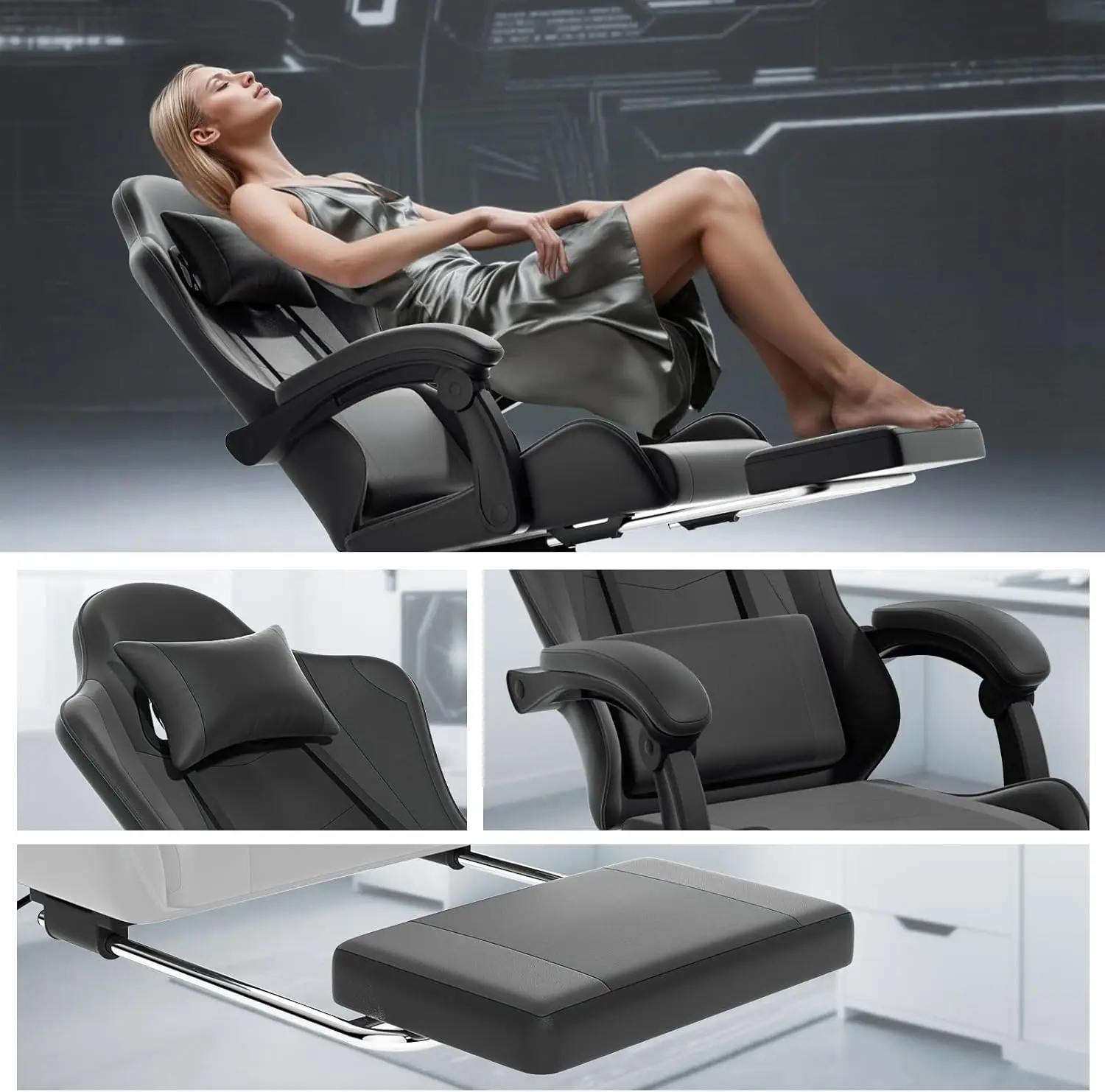 Gaming Chair with Footrest | Adjustable Headrest & Lumbar Support | Swivel Computer Chair - Thumbnail 4