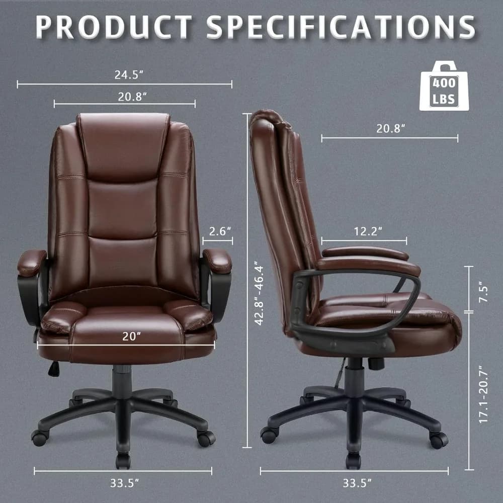 High-Back Executive Desk Chair | Ergonomic Adjustable PU Leather Office Chair | Padded Armrest - Thumbnail 3