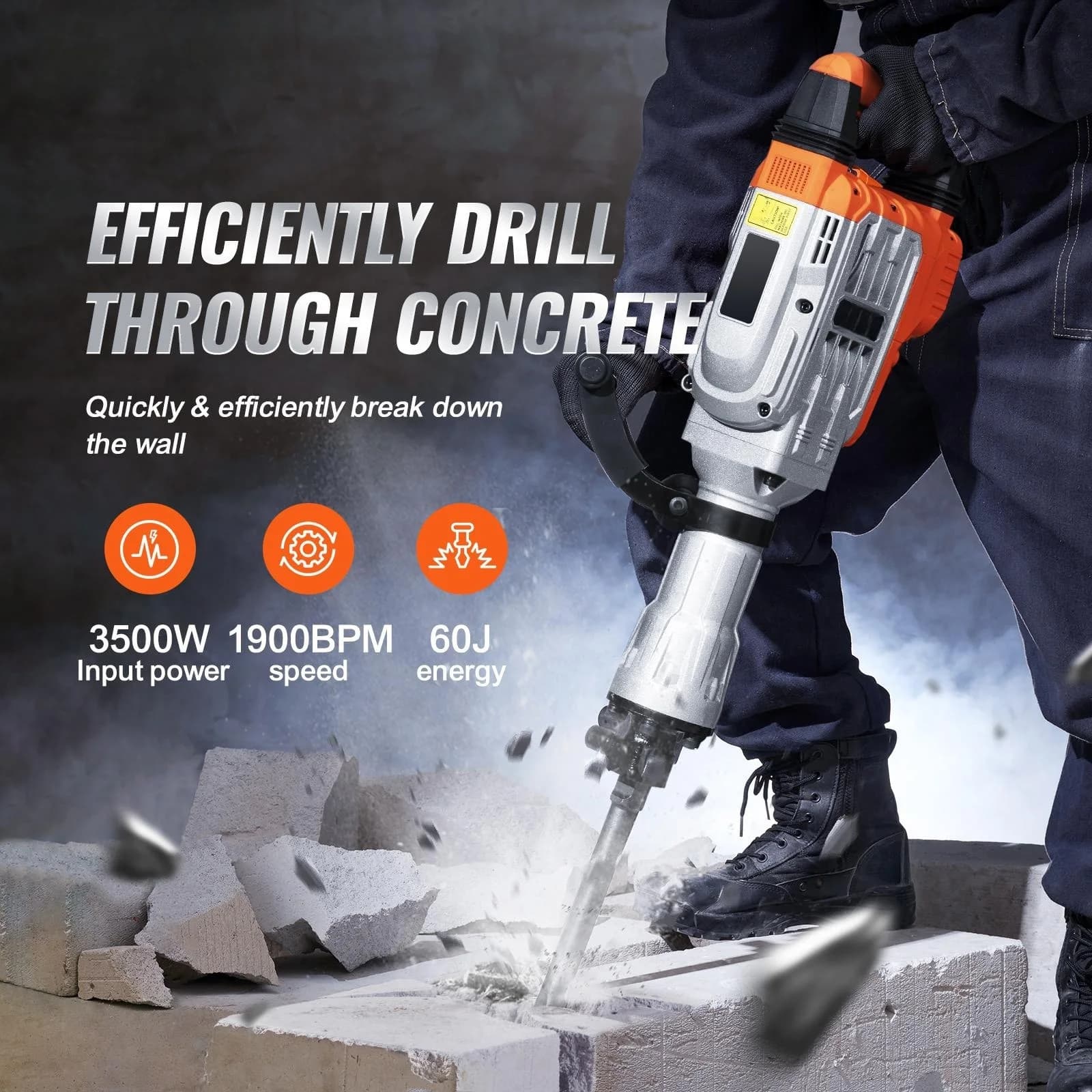 Heavy-Duty Electric Demolition Hammer | 1500W-3500W Power | Concrete Breaker Kit with Chisels - Thumbnail 2