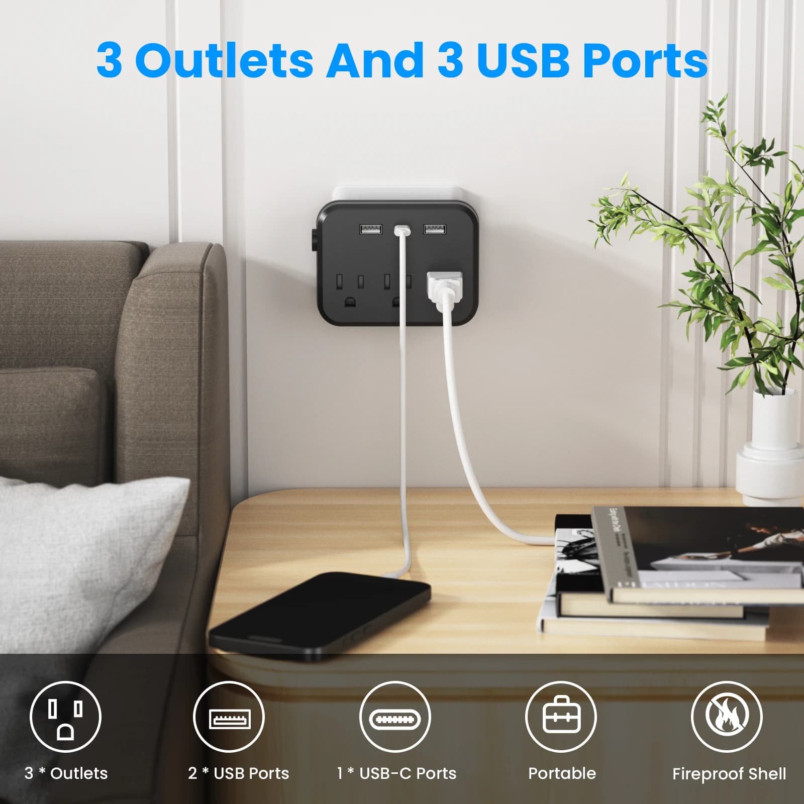 6-in-1 Power Strip with Surge Protection | 3 AC Outlets & 3 USB Ports | Portable Travel Charging Hub - Thumbnail 3