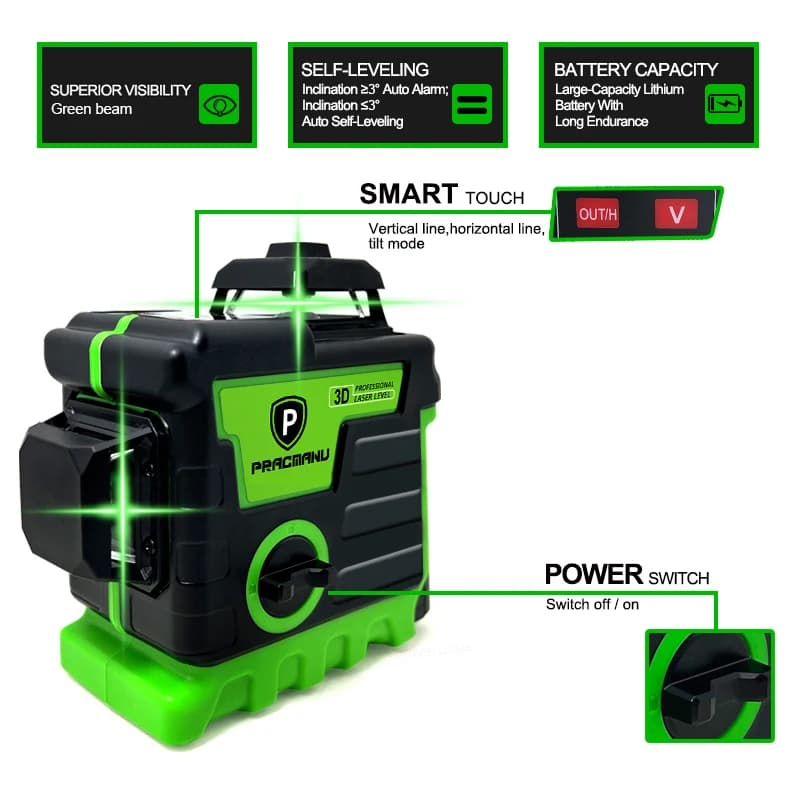 3D Laser Level | 12-Line Green Beam | Self-Leveling Horizontal & Vertical Cross - Thumbnail 2