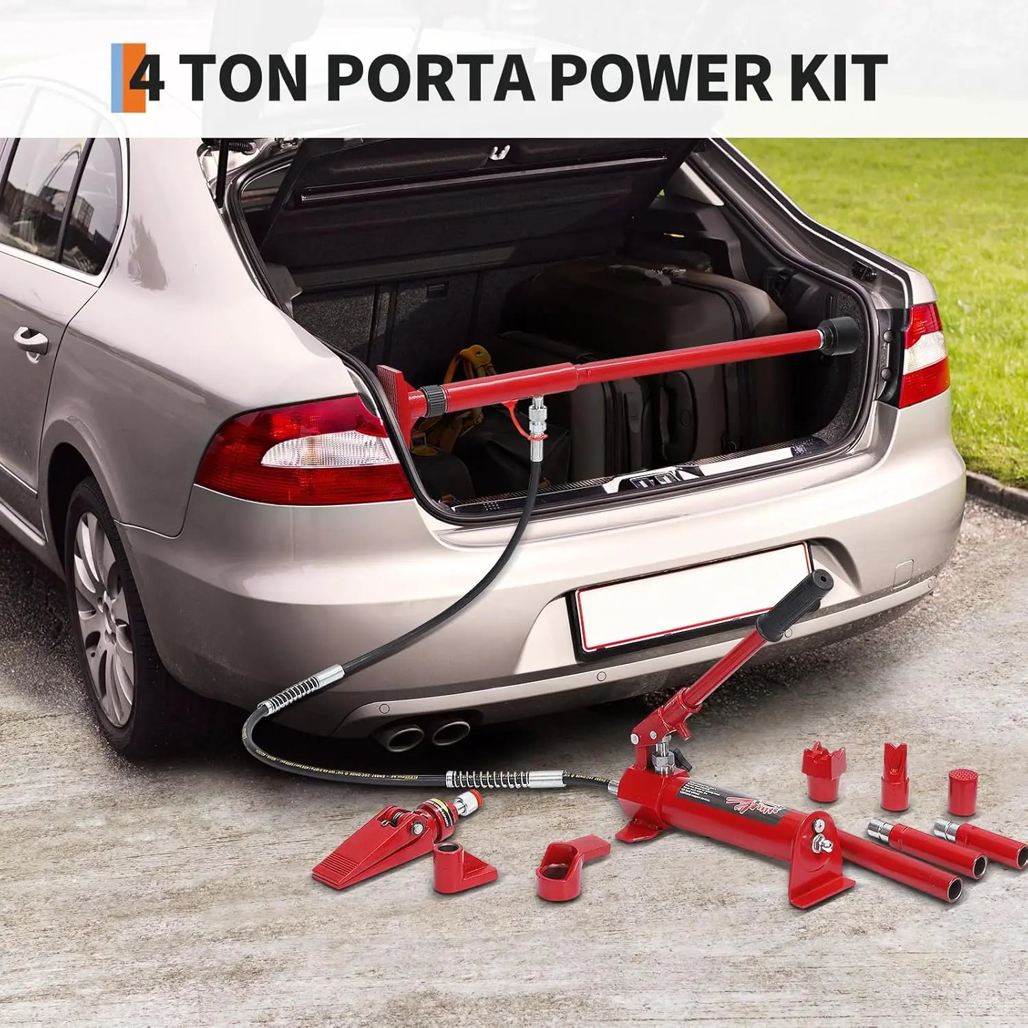 4-Ton Hydraulic Porta Power Kit | Heavy-Duty Ram & Pump with 4.6ft Hose | Portable Storage Case - Thumbnail 2