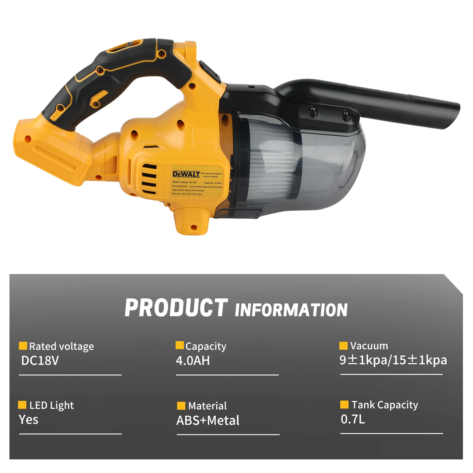 DEWALT 20V Cordless Handheld Vacuum | 0.7L High-Capacity Dust Cup | LED Light for Car & Home Cleaning - Thumbnail 4