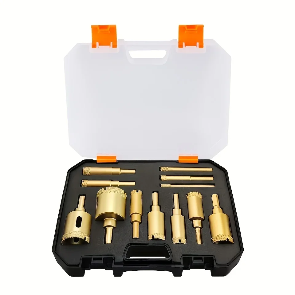 12-piece diamond drill bit set for glass, marble, stone, and tile, featuring 6-35mm hole saws with hand tools in a durable plastic case.