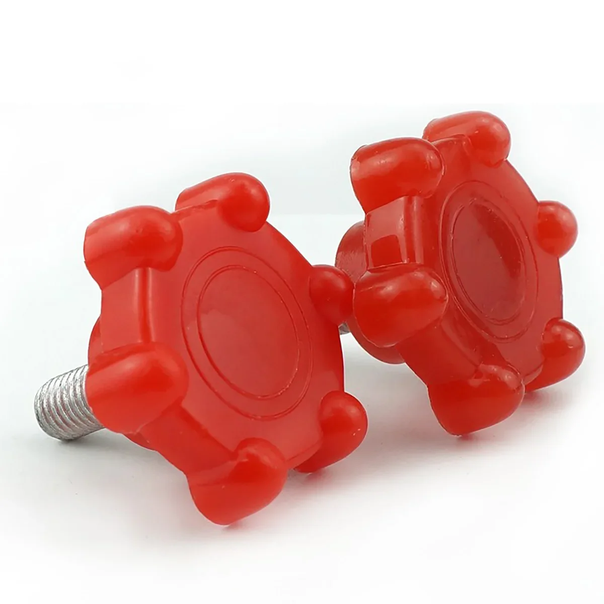 Red plum blossom-shaped rubber head handle screw with star plastic hand grip, available in M8 and M10 sizes.