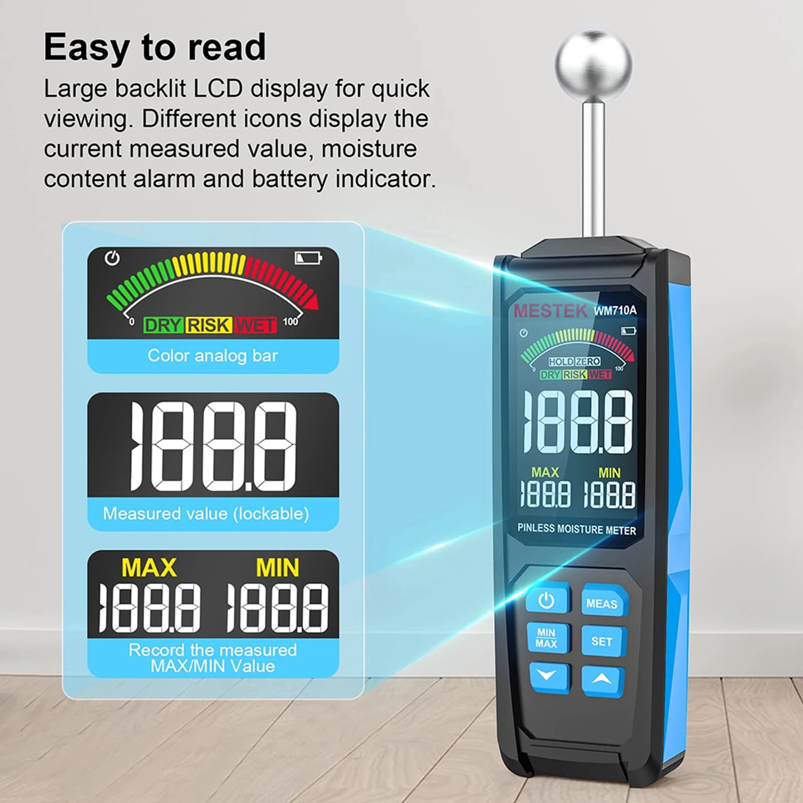Wood Moisture Meter | Pinless Non-Destructive Detector | Digital Hygrometer for Timber & Lumber - Thumbnail 4