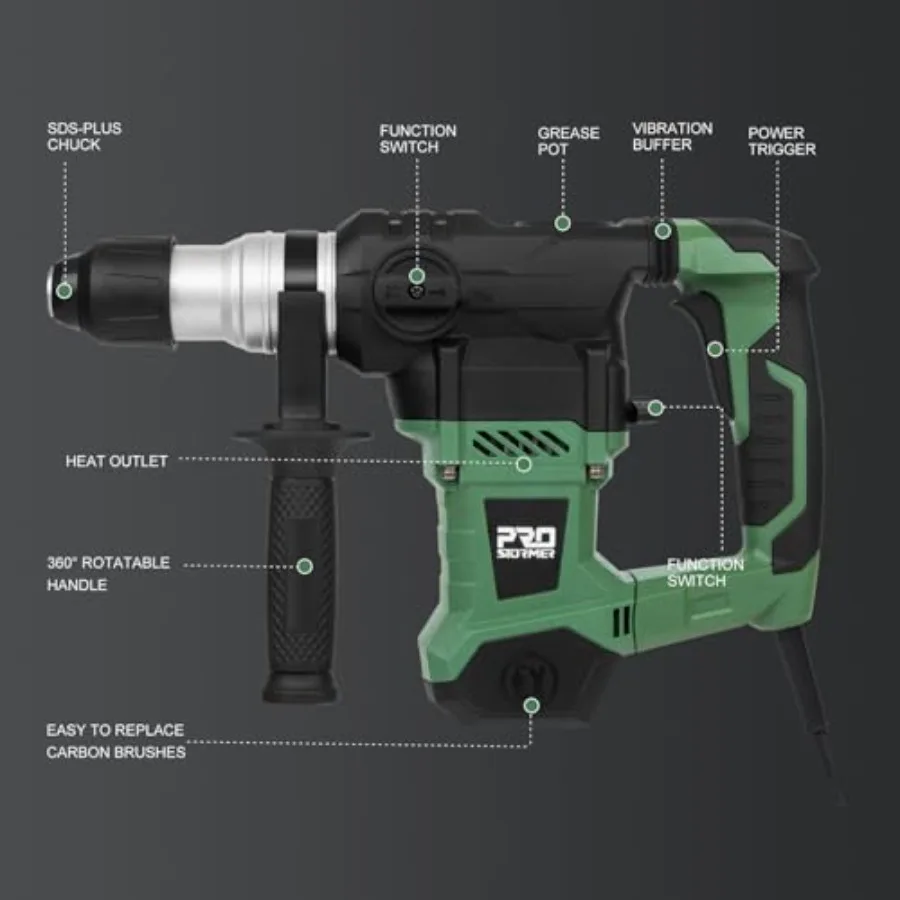 Rotary Hammer Drill | 13 Amp Motor | 4-Function SDS-Plus for Concrete, Steel & Wood - Thumbnail 2