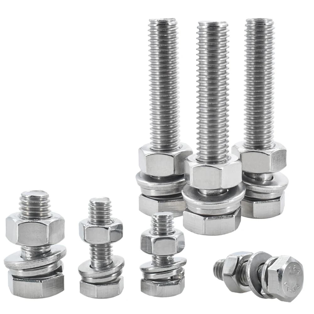 304 stainless steel hex bolt and nut sets in sizes from M4 to M12, designed for heavy-duty fastening with full thread engagement.