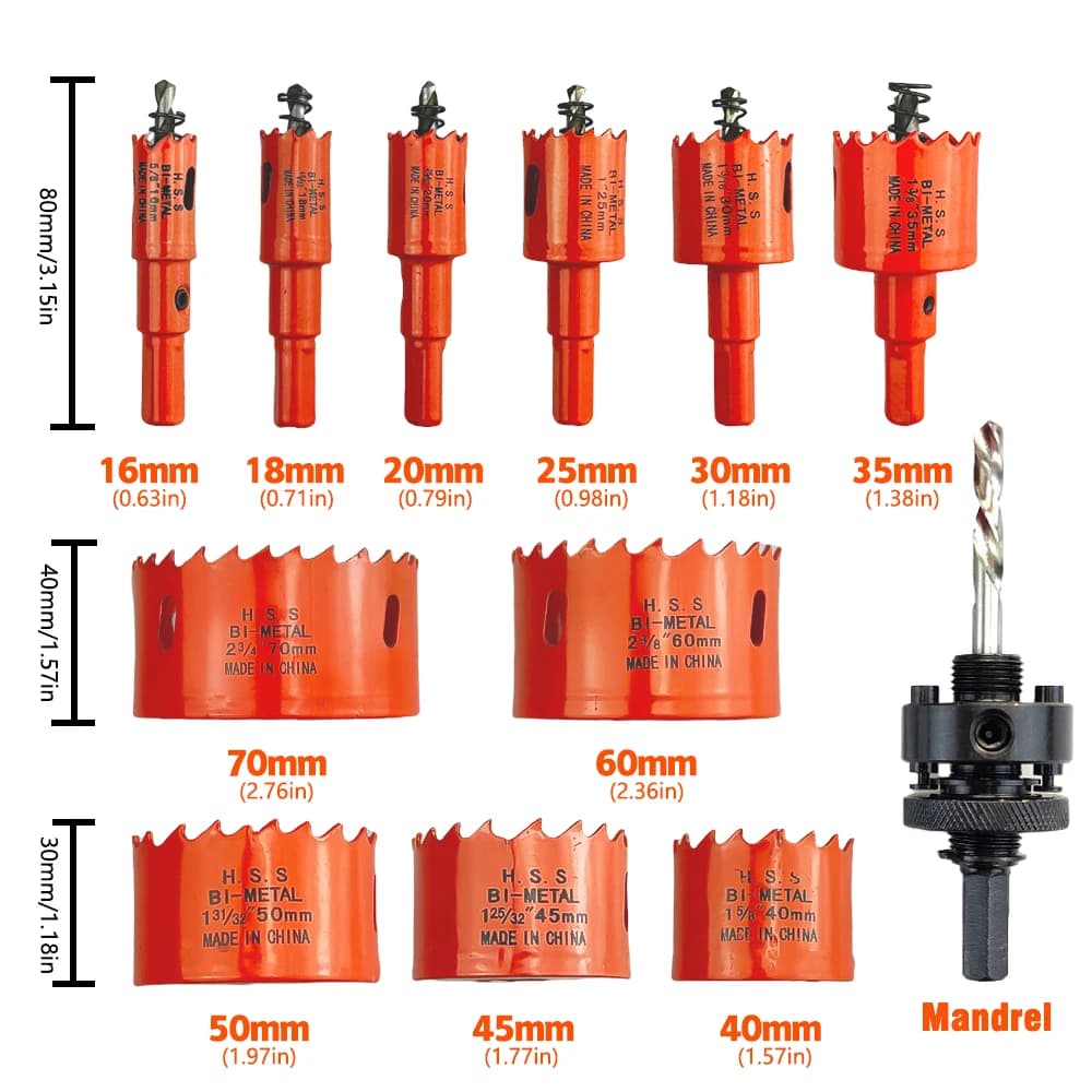 12-Piece Bi-Metal Hole Saw Kit | 16-70mm Range | For Metal, Wood & Aluminum - Thumbnail 6