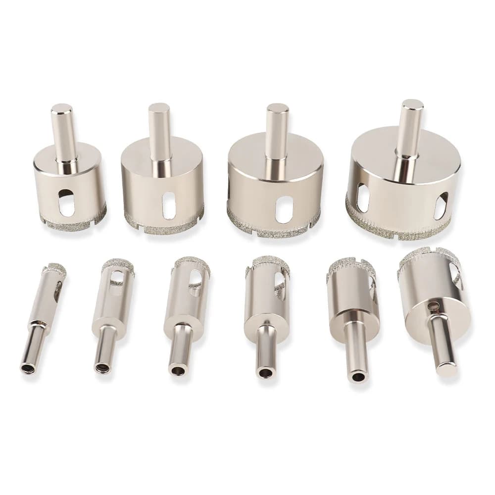 Diamond-coated glass hole saw drill bit set for tile and marble, includes sizes from 3mm to 100mm for precise ceramic drilling.